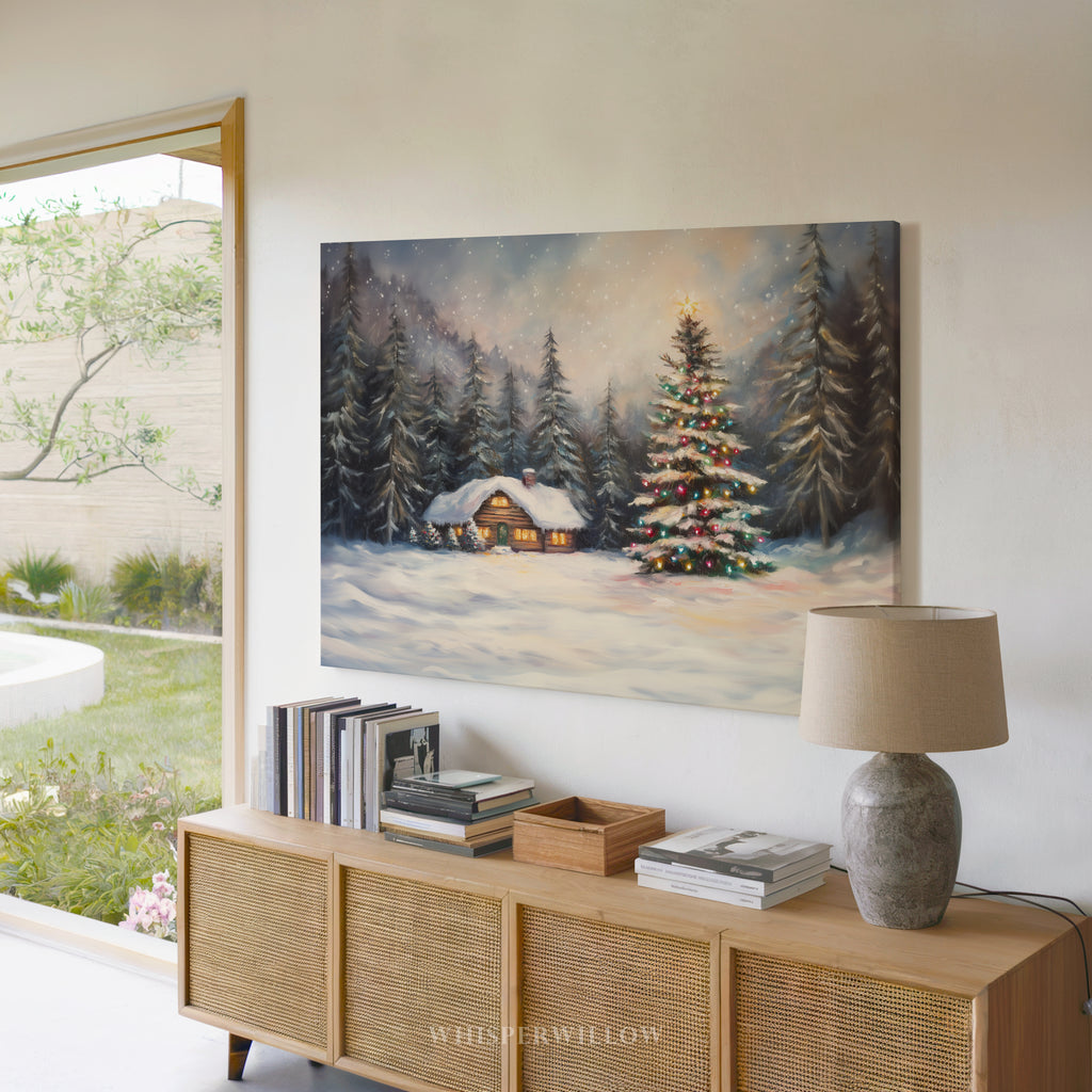 Winterliches Leinwandbild | Gemütliche Hütte mit verschneitem Wald und Weihnachtsbaum | Rustikale Dekoration für die Feiertage – das perfekte Geschenk
