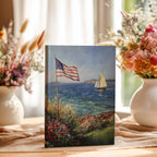 Hardcover-Notizbuch (20,3 x 14,6 cm) | Amerikanische Flagge, patriotischer Garten am Meer | Notizbuch mit Segelbootmotiv – Geschenkidee