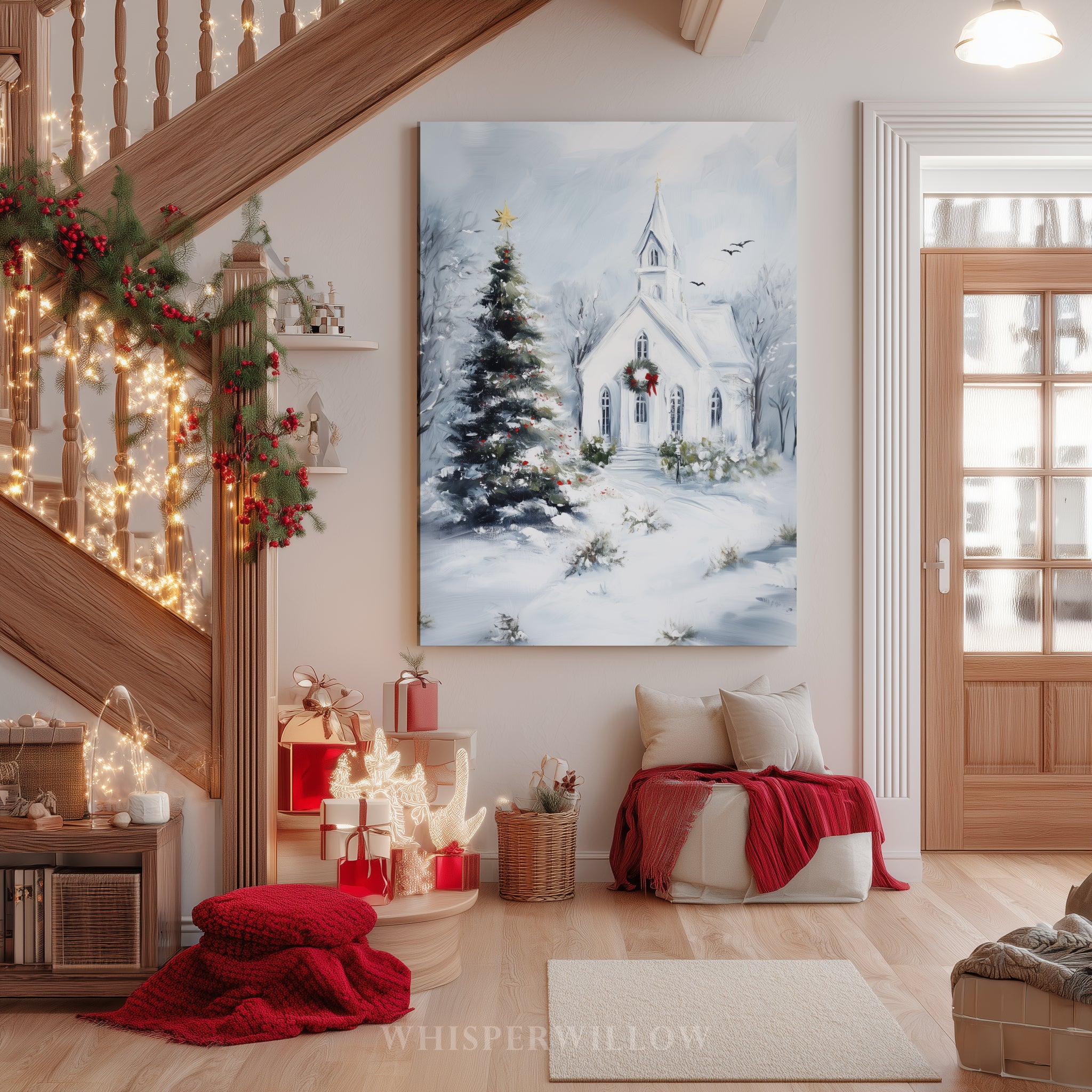 Weihnachtliches Leinwandbild | Winterliche Kirchenszene mit Schneebedeckt | Christliches Deko-Geschenk für Zuhause