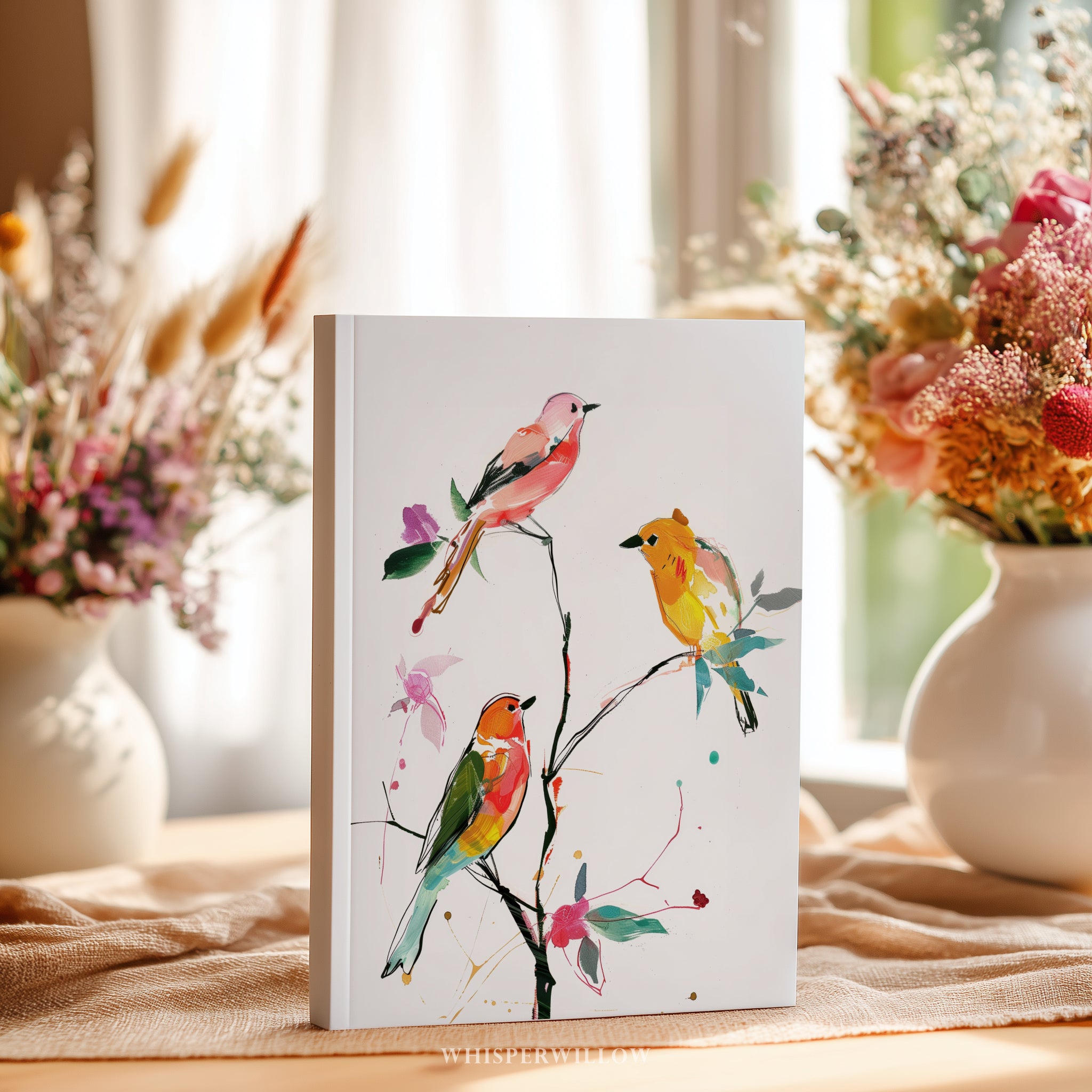 Buntes Notizbuch mit Singvögeln (Hardcover) – Botanischer Zweig, Vogelmotiv, Geschenkidee