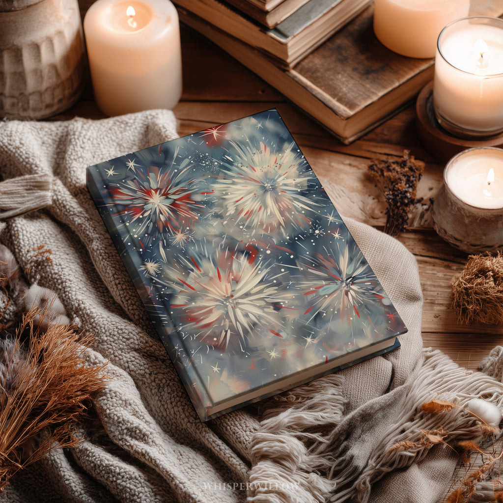 Notizbuch mit patriotischem Feuerwerksmotiv – Abstrakte Kunst mit rot-weiß-blauem Sternenmuster, Geschenkidee