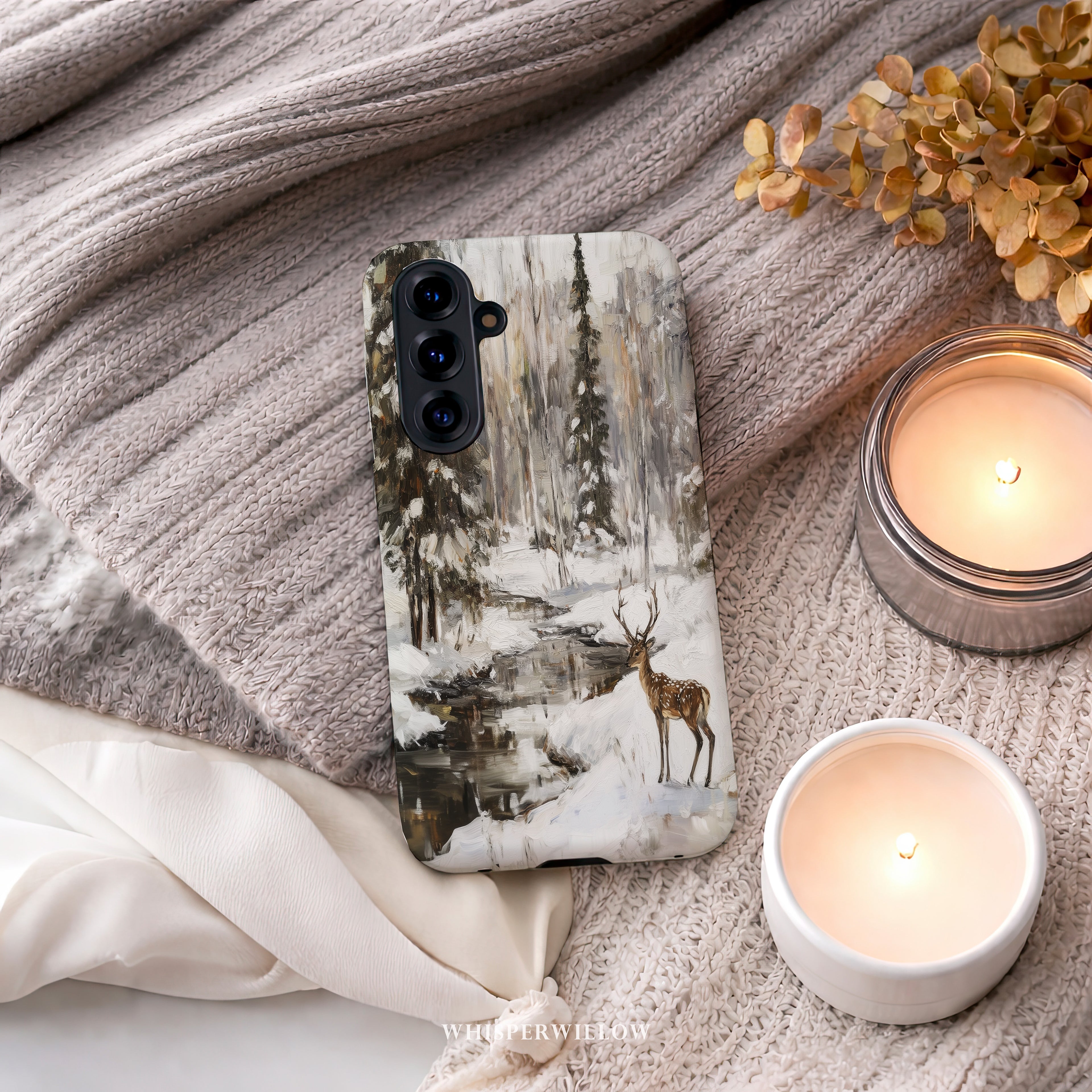 Winter Deer Aesthetic Phone Case | Forest Snow Wildlife Art | Compatible with Samsung