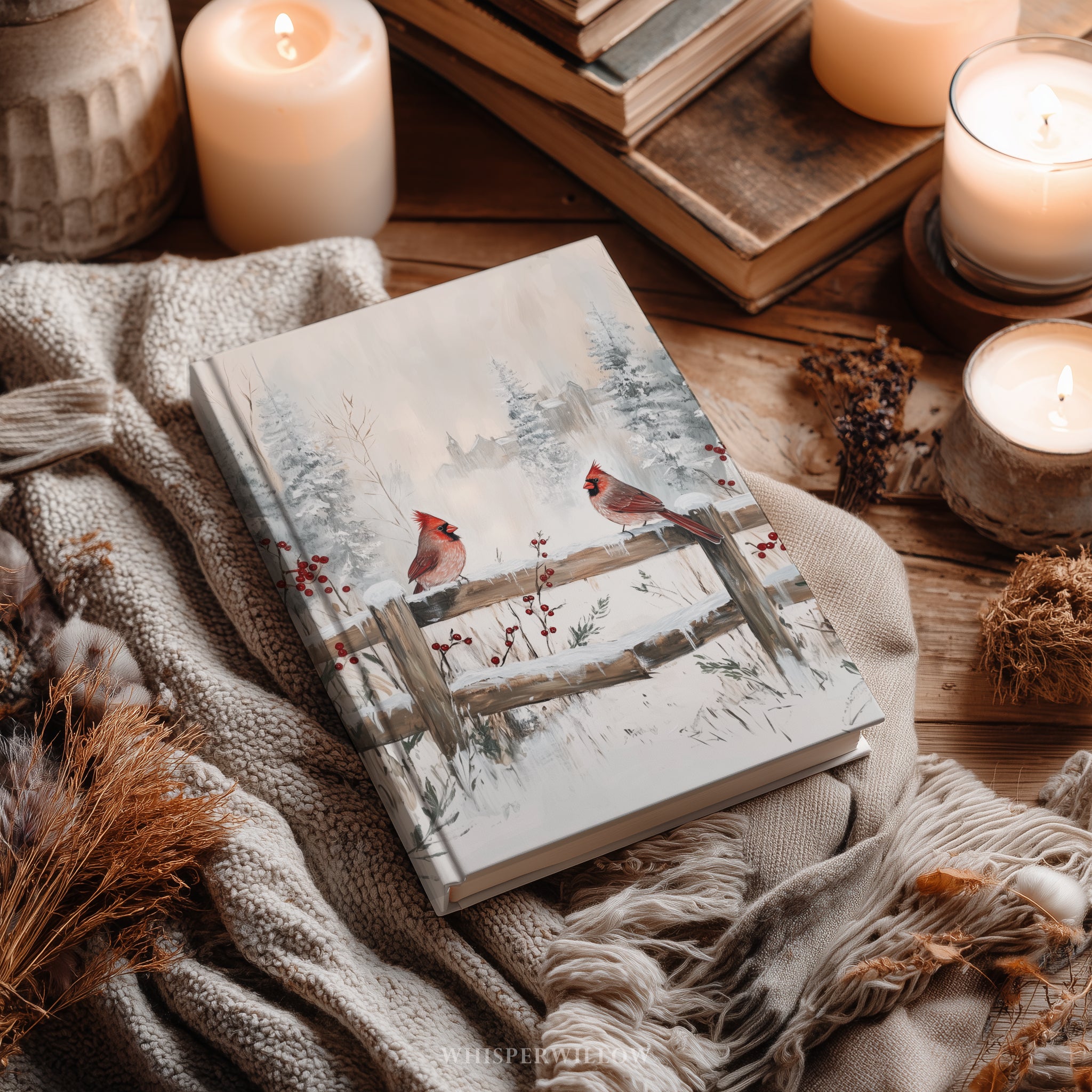 Winterkardinale Hardcover-Notizbuch – Verschneite Zaunmotive, Weihnachtsmotiv, Geschenkidee mit roten Vögeln