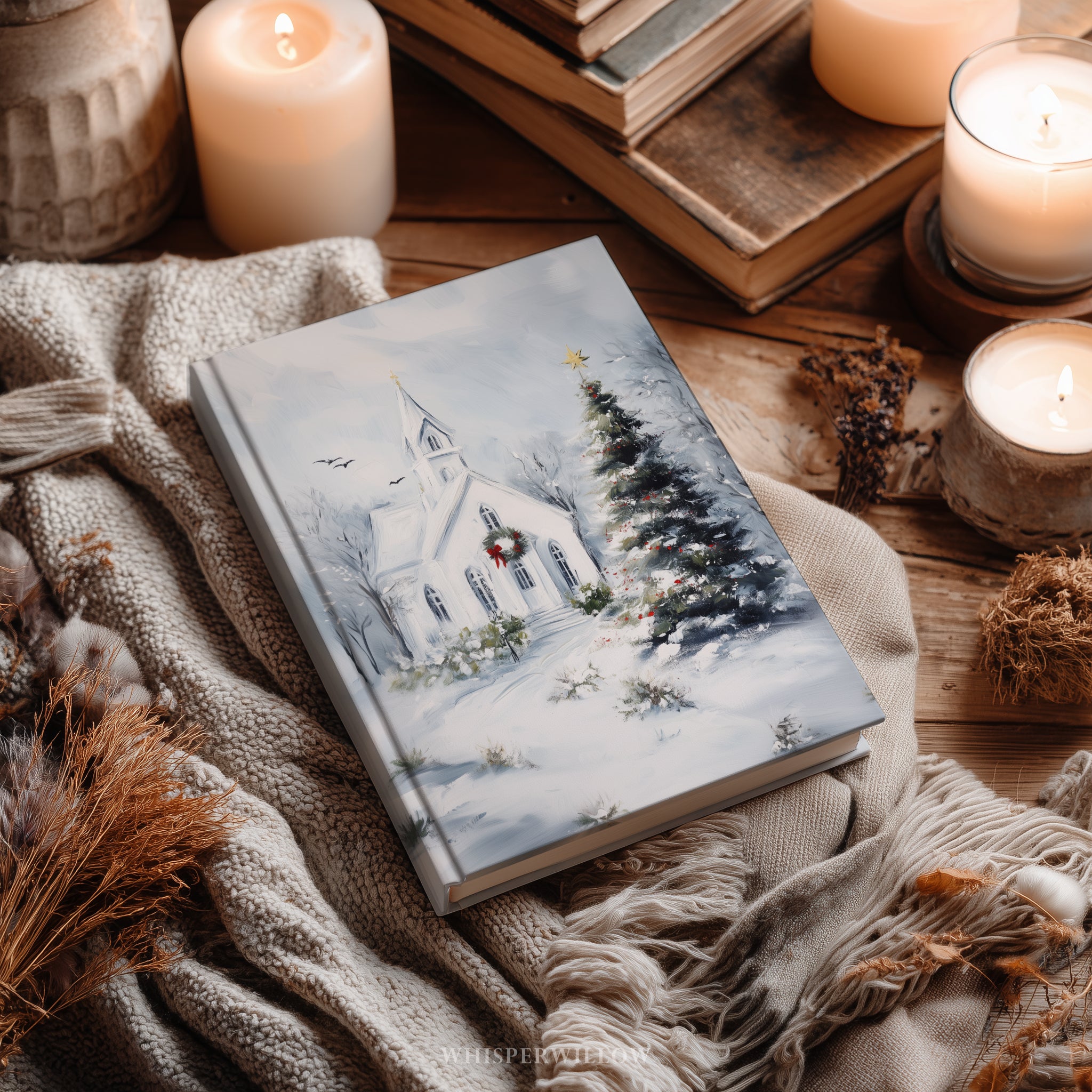 Winterliches Kirchen-Notizbuch (gebunden) – Weihnachtsbaum-Motiv, christliches Fest, verschneite Landschaft – Geschenkidee