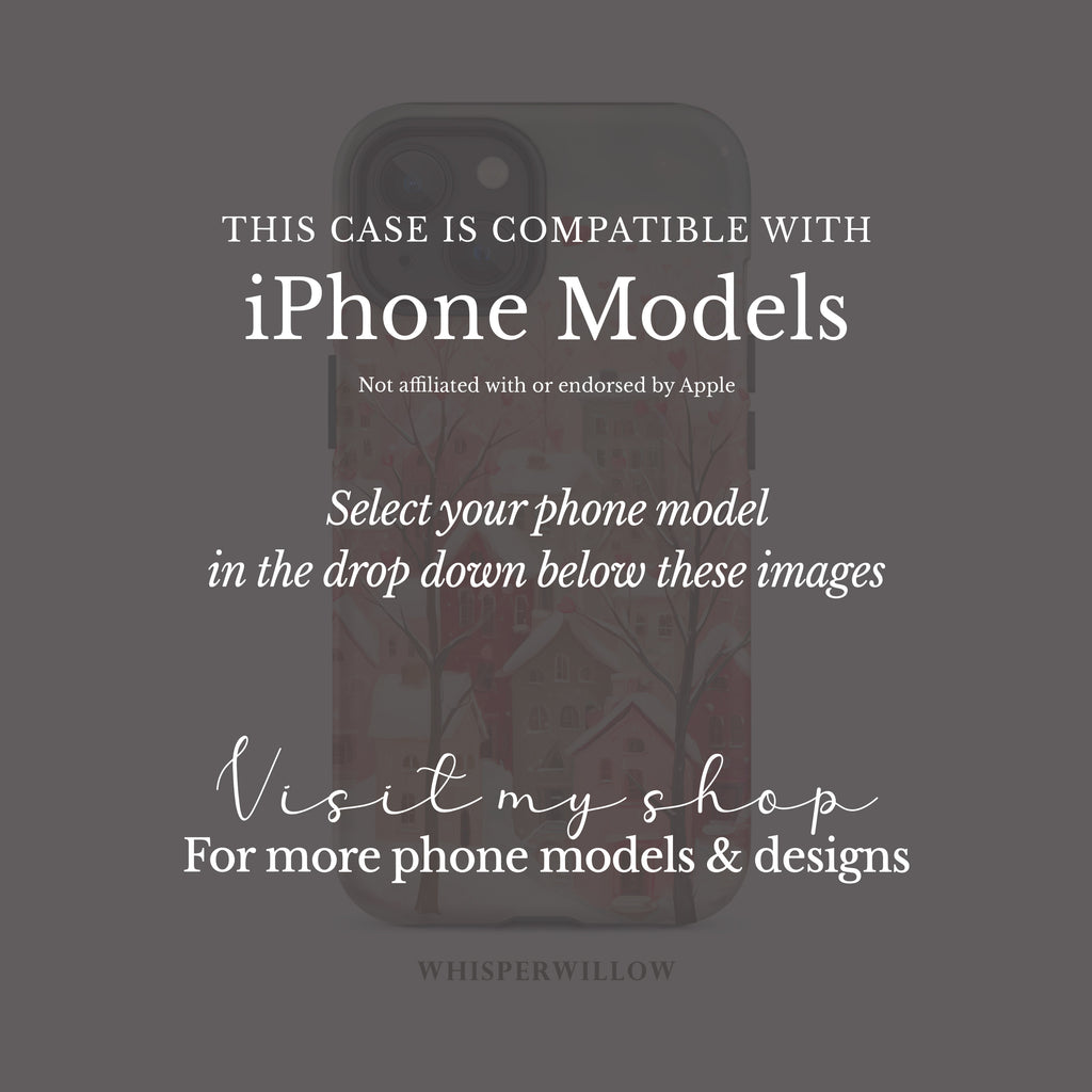 Romantic Winter Village Aesthetic Phone Case – Compatible with iPhone Models | Snowy Pink Heart Art