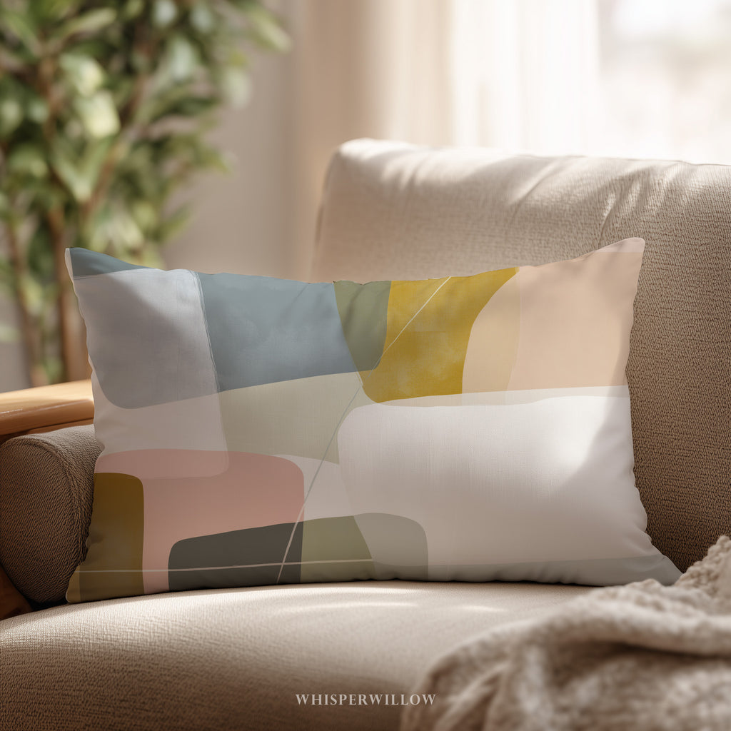 Abstract Geometric Throw Pillow | Modern Minimalist Neutral Blush | Blue Gold Lumbar Accent Cushion | Contemporary Home Decor Gift