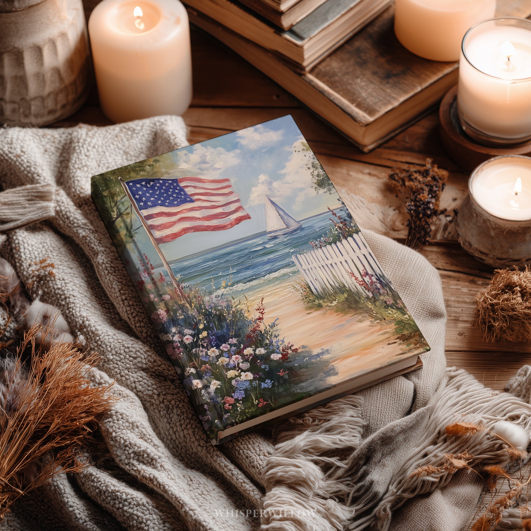 Carnet à couverture rigide drapeau américain - Motif patriotique de voilier en bord de mer, cadeau idéal pour un jardin de plage