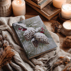 Notizbuch mit verschneiten Kiefernzapfen und immergrünen Blättern – Winterliche Naturkunst, Geschenkidee mit roten Beeren