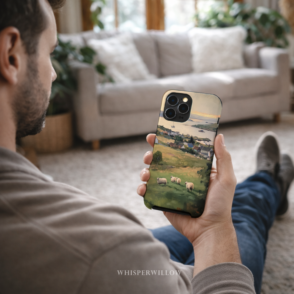 Coastal Sheep Meadow Phone Case | iPhone Compatible | Irish Harbor Village Scenic Cover