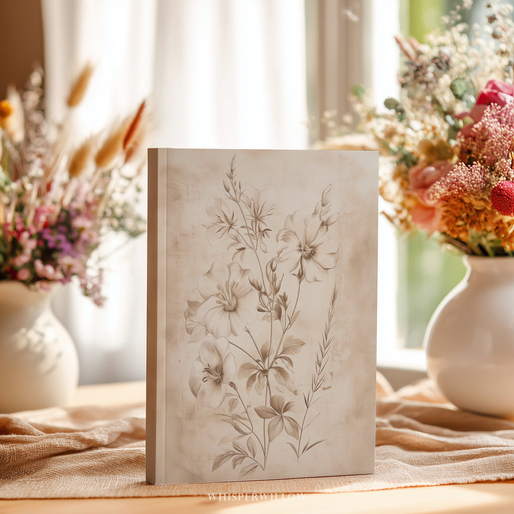 Vintage Wildblumen-Notizbuch mit Hardcover – Skizzenbuch mit floralem Muster, minimalistischem, neutralem Naturmotiv, botanisches Geschenk