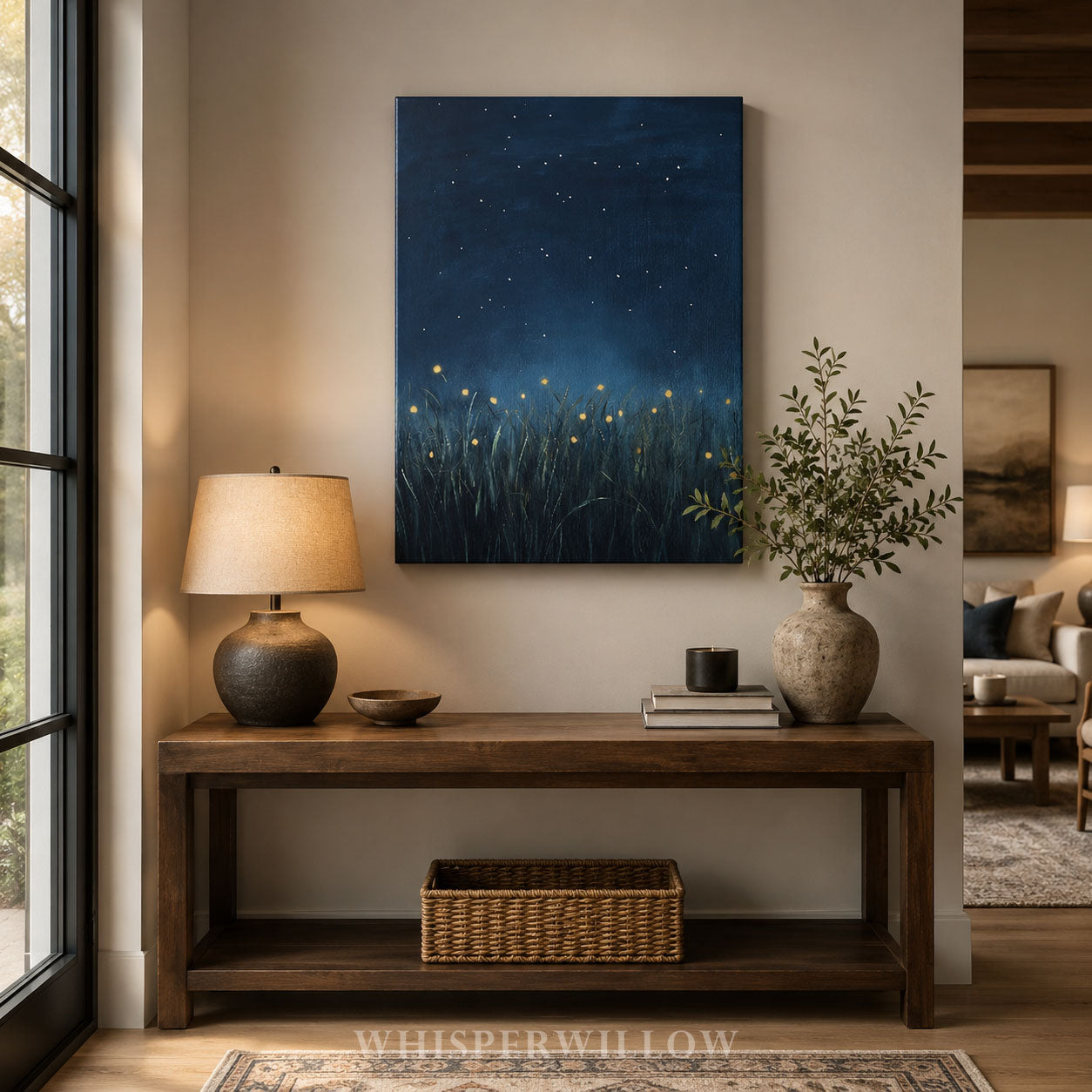 Fireflies Canvas Wall Art - Lightning Bugs Starry Night Dark Blue Twinkly Sky Magical