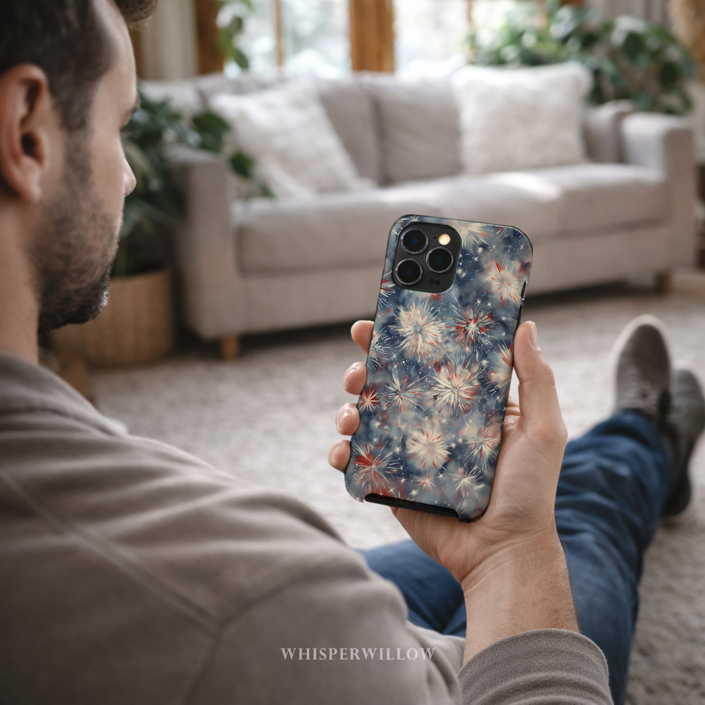 Abstract Fireworks Phone Case | Compatible with iPhone | Patriotic Red White Blue Starburst Cover