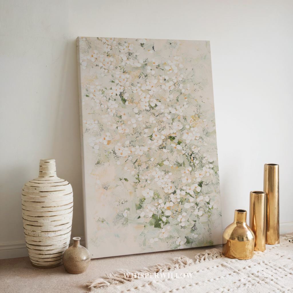 Leinwandbild „Weiße Wildblumenwiese“ – Zartes, neutrales botanisches Naturmotiv