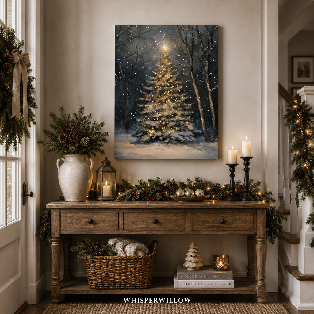 Weihnachtsbaum-Leinwandbild – Bezaubernde verschneite Waldszene, zauberhafte Winterdekoration