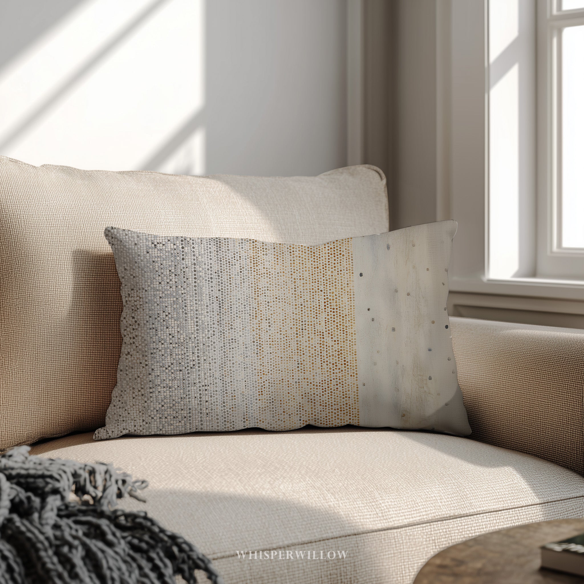 Neutral Abstract Throw Pillow | Beige Gray Geometric Dot Pattern | Modern Minimalist Lumbar Accent Cushion | Home Decor Gift