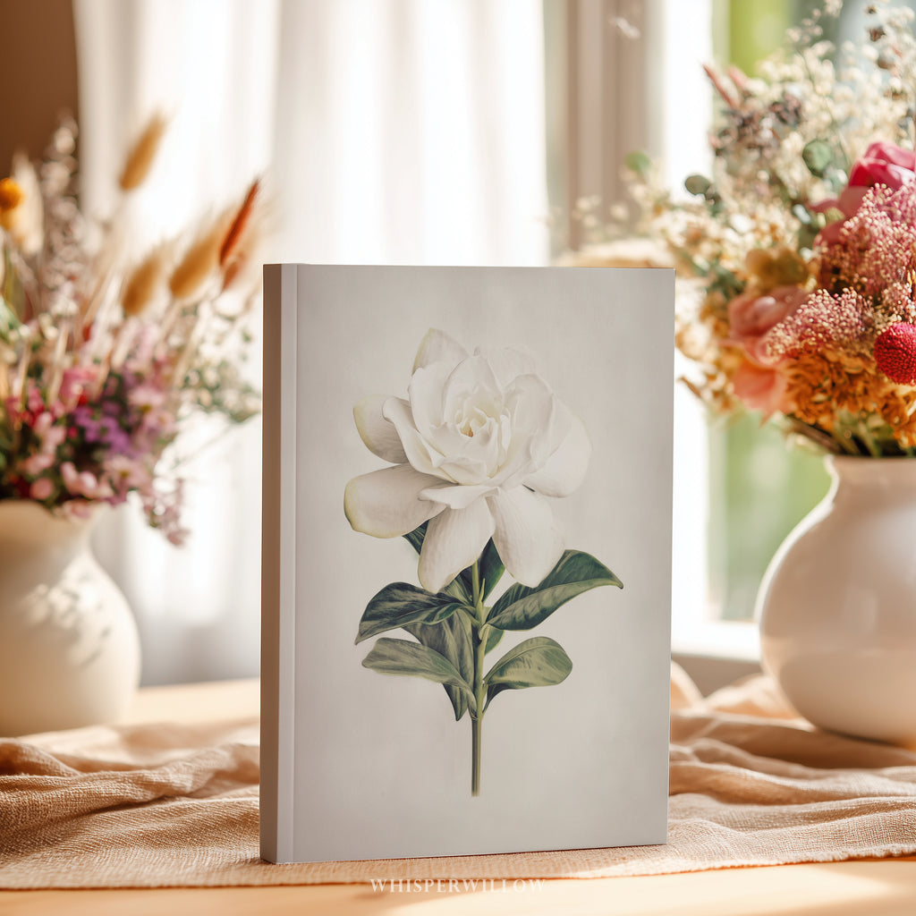 Carnet à couverture rigide White Gardenia - Décor floral élégant, carnet botanique minimaliste