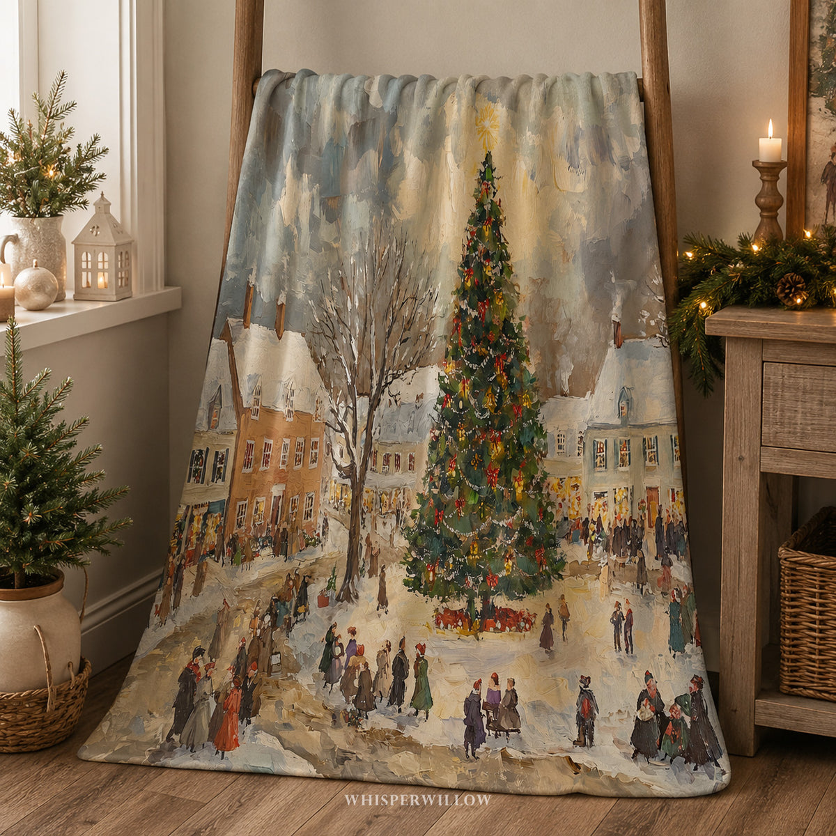 Vintage Christmas Village Throw Blanket - Winter Holiday Snowy Town Gift