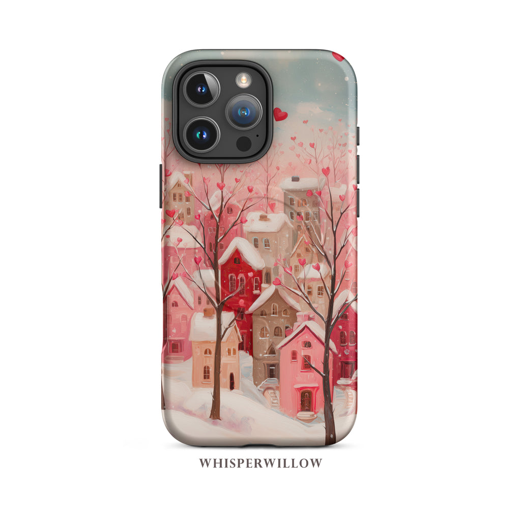 Romantic Winter Village Phone Case | Compatible with MagSafe & iPhone | Pink Heart Snow Town Aesthetic Protective Cover Gift by WhisperWillow Studios