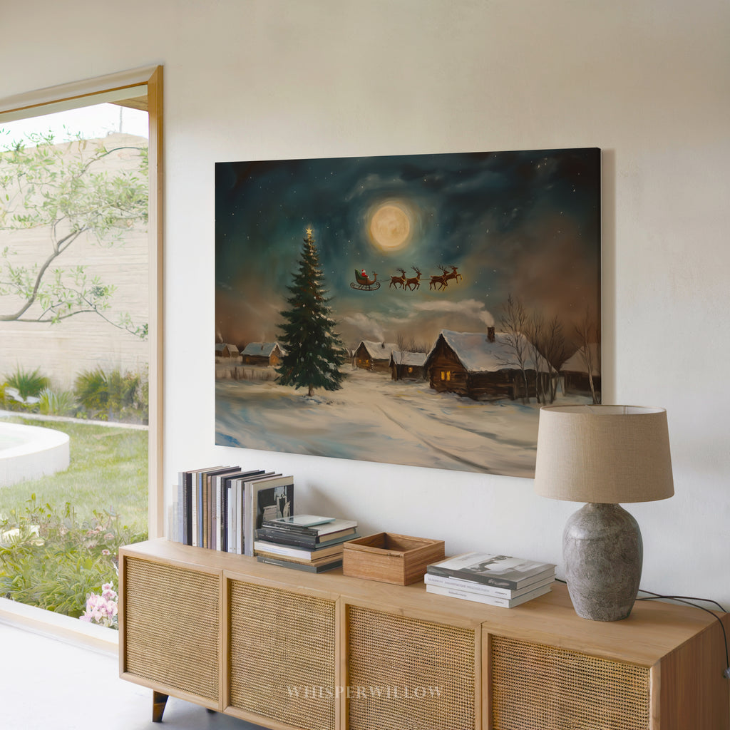 Weihnachtsdorf-Leinwandbild – Weihnachtsmannschlitten über mondbeschienener Szene, zauberhafte Rentiernacht