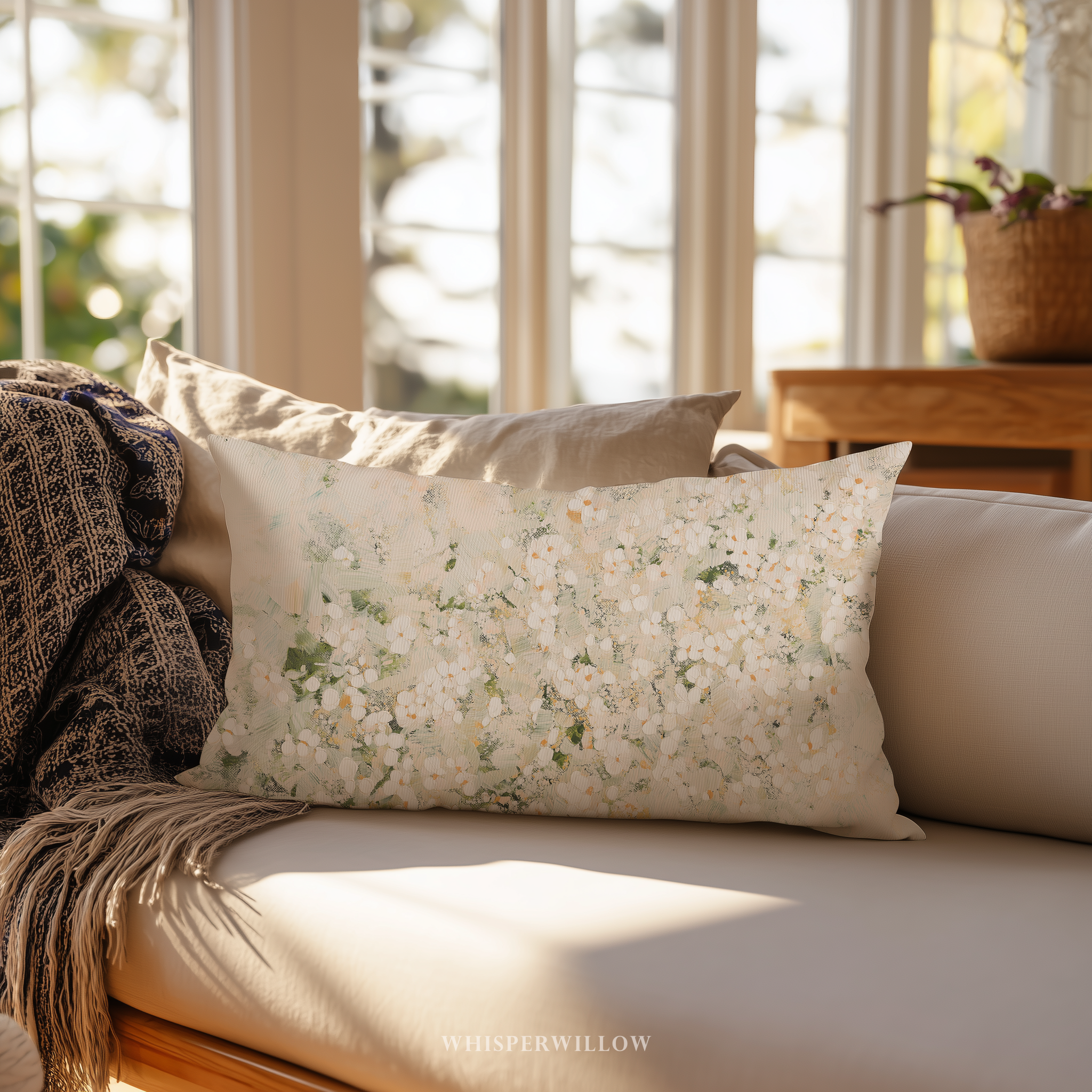 Cream Floral Abstract Throw Pillow - Neutral White Botanical Art Decor Cushion Gift