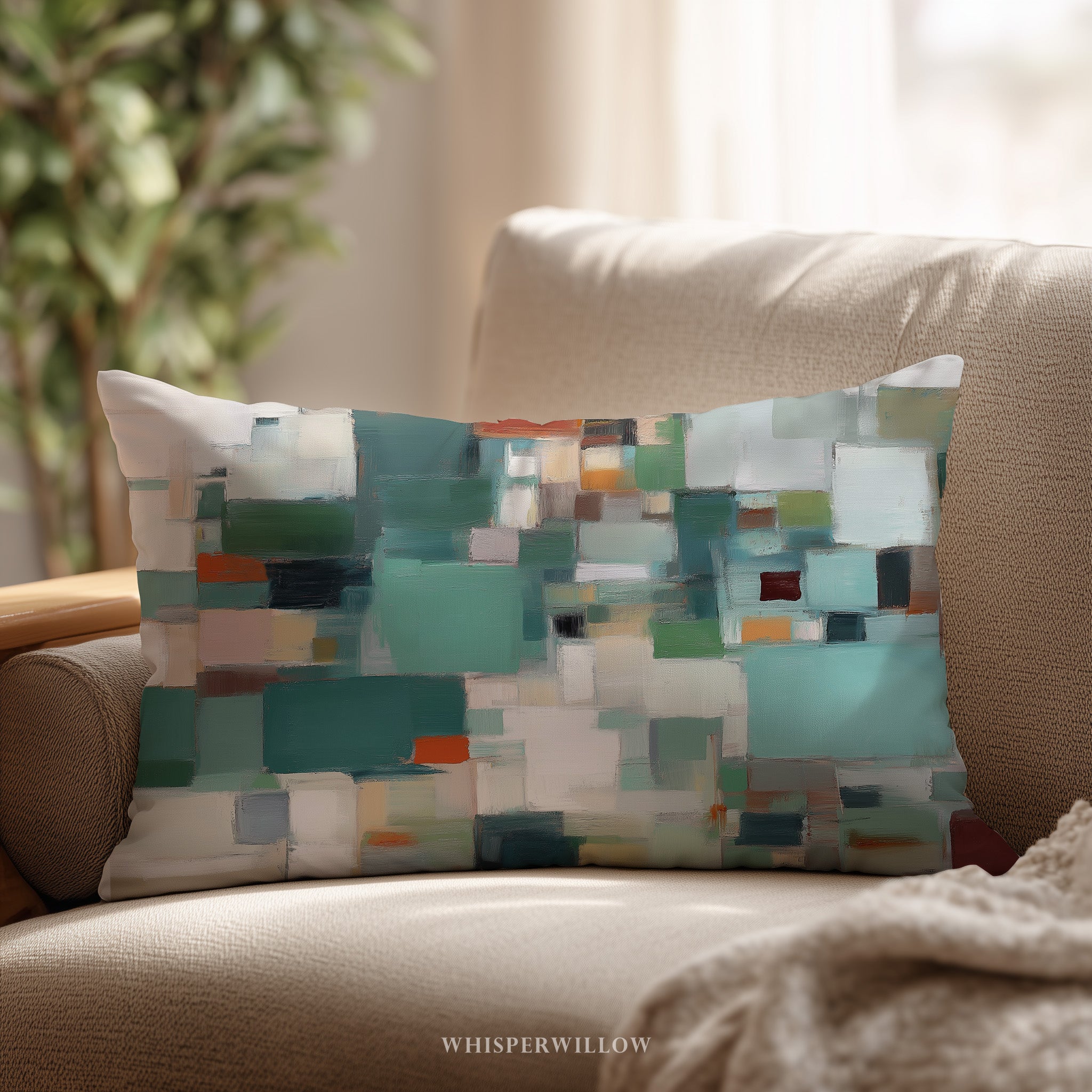 Abstract Geometric Throw Pillow | Color Block Teal Neutral Lumbar Cushion | Modern Minimalist Decor | Housewarming Gift