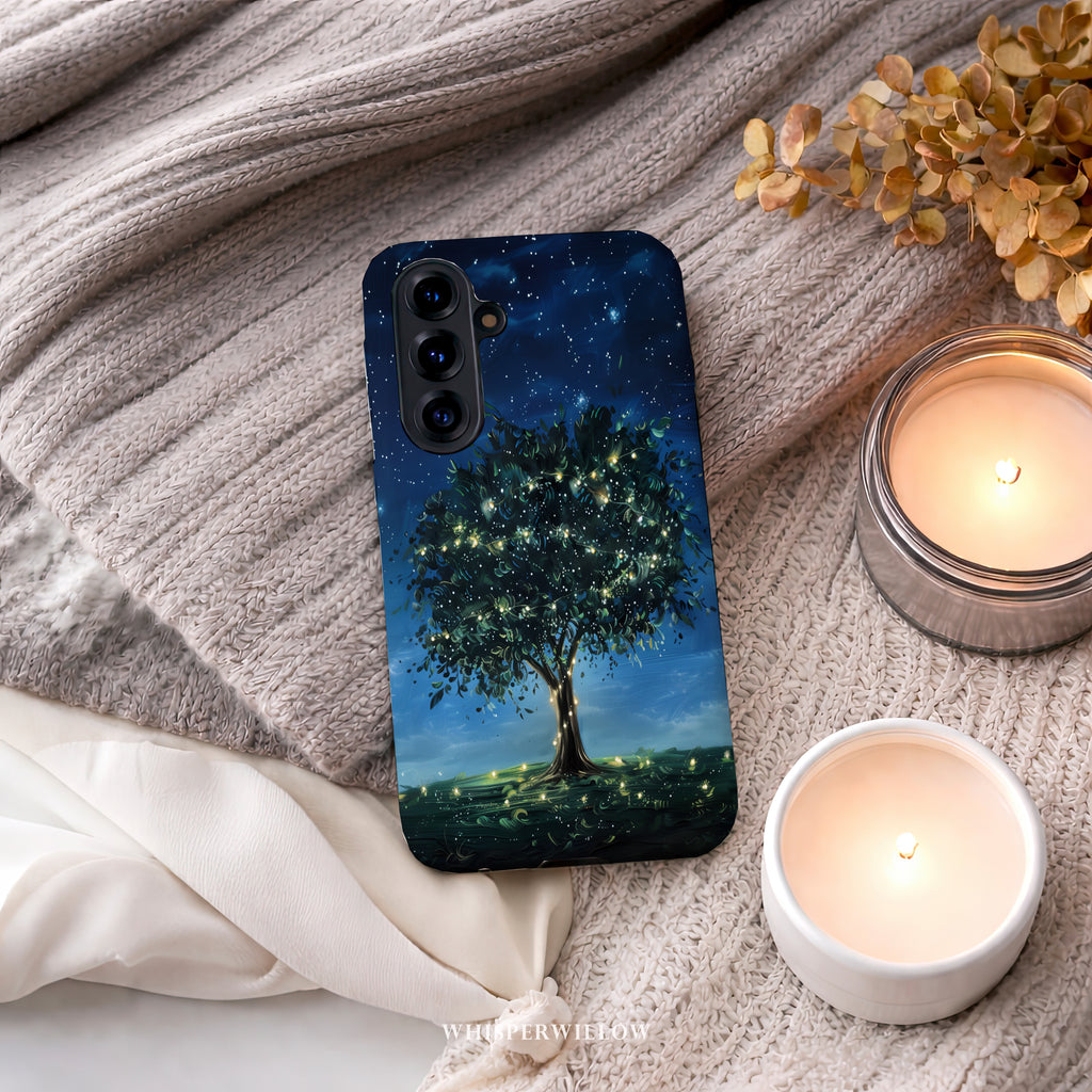 Mystical Tree Phone Case | Night Sky Art | Compatible with Samsung | Glowing Fireflies, Dreamy Stars, Nature