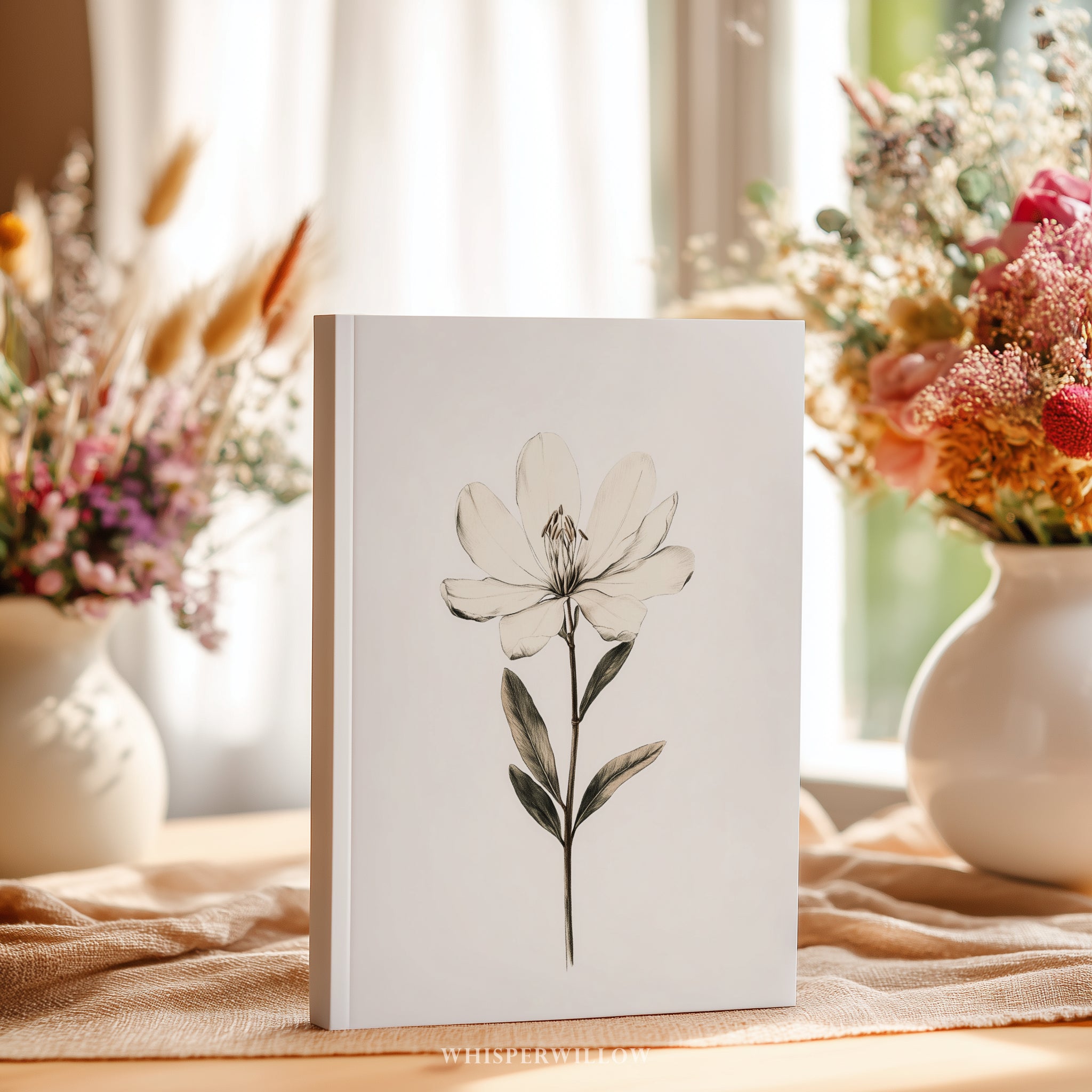Elegantes Magnolien-Notizbuch mit Hardcover – Weiße Blütenblüte, schlichte, minimalistische Skizze, botanisches Geschenk