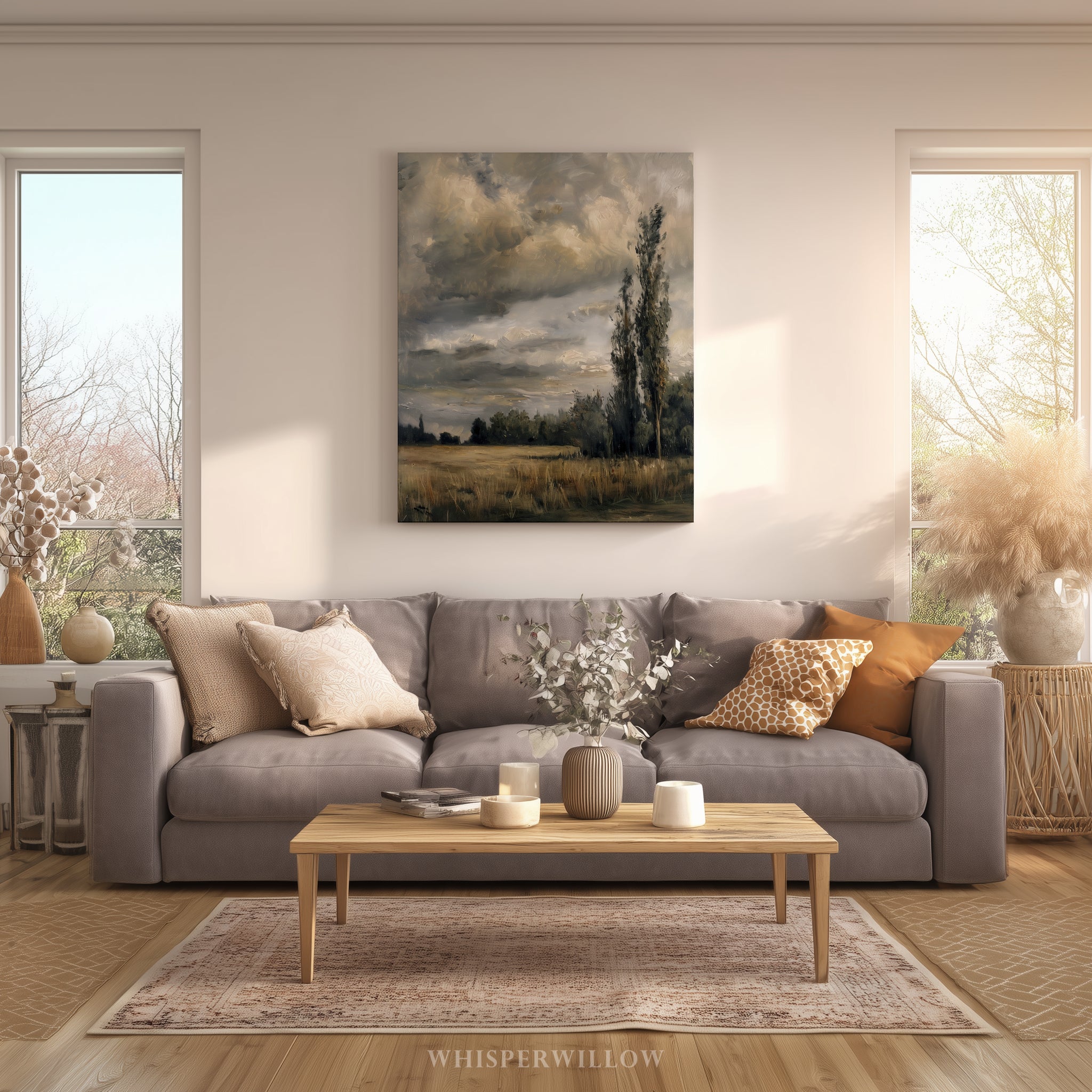 Leinwandbild „Stürmische Landschaft“ – Stimmungsvoller, bewölkter Himmel, Vintage-Landsonnenuntergang