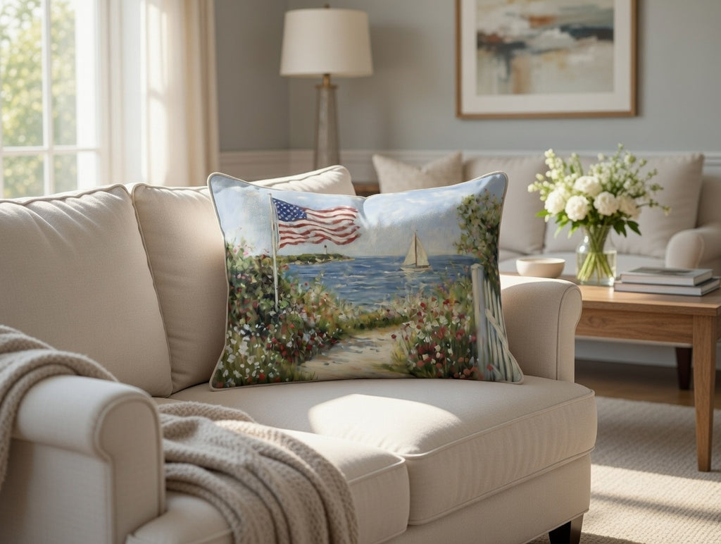 Patriotic American Flag Throw Pillow, Seaside Sailboat Wildflower Design, Independence Day Cushion, 4th of July Home Decor Gift