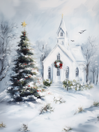 Weihnachtliches Leinwandbild | Winterliche Kirchenszene mit Schneebedeckt | Christliches Deko-Geschenk für Zuhause