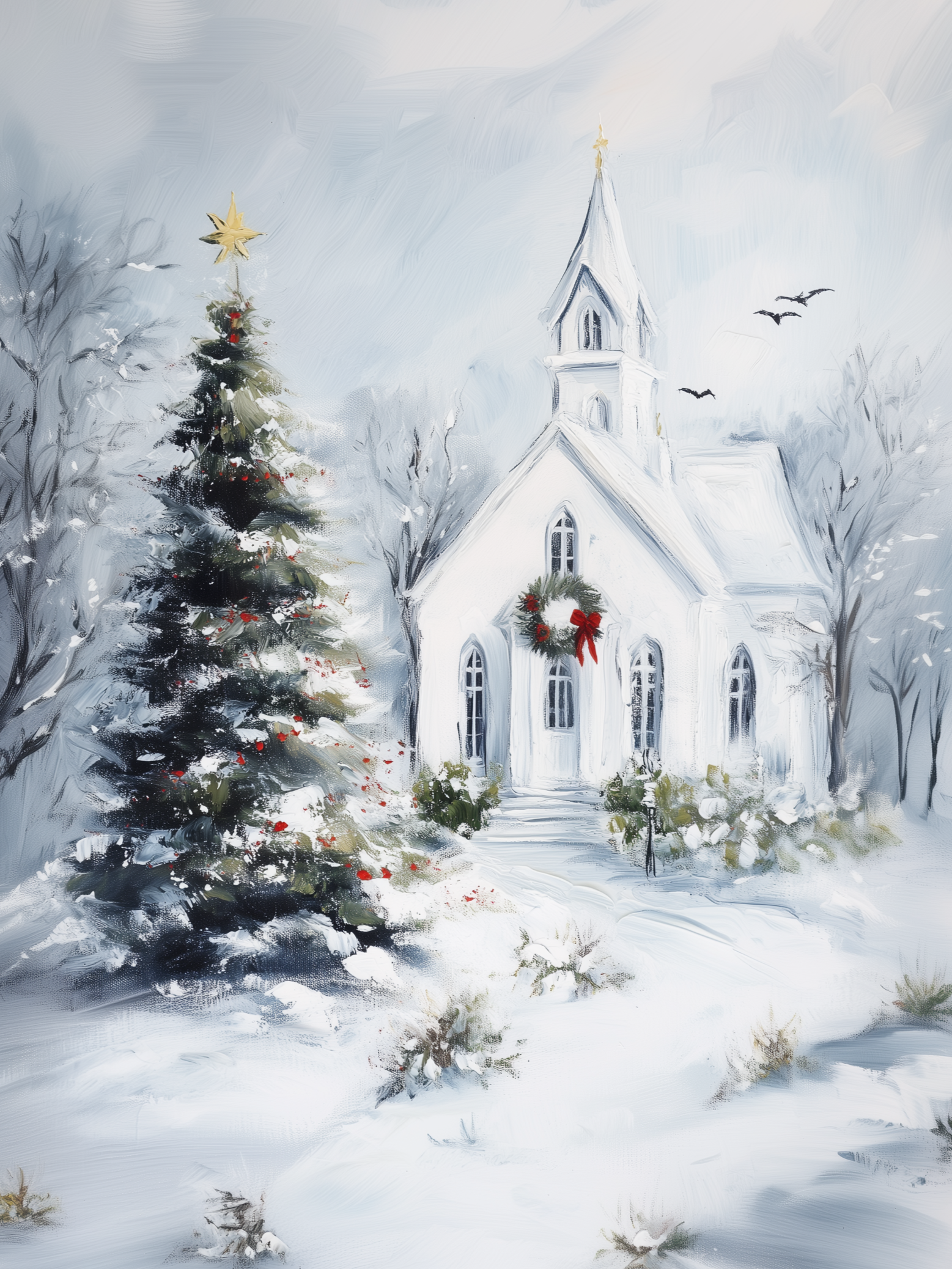 Weihnachtliches Leinwandbild | Winterliche Kirchenszene mit Schneebedeckt | Christliches Deko-Geschenk für Zuhause