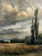 Leinwandbild „Stürmische Landschaft“ – Stimmungsvoller, bewölkter Himmel, Vintage-Landsonnenuntergang