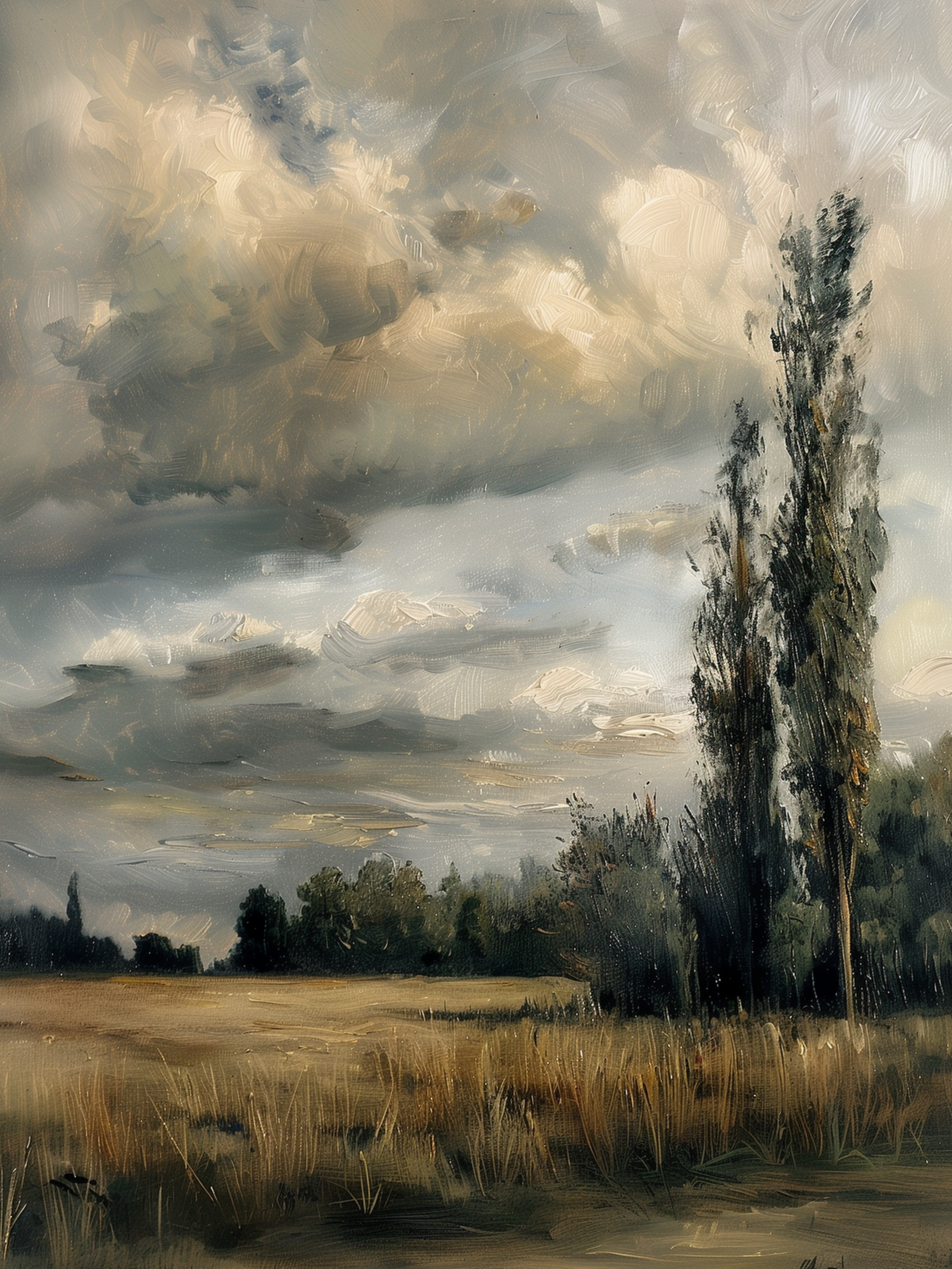 Leinwandbild „Stürmische Landschaft“ – Stimmungsvoller, bewölkter Himmel, Vintage-Landsonnenuntergang