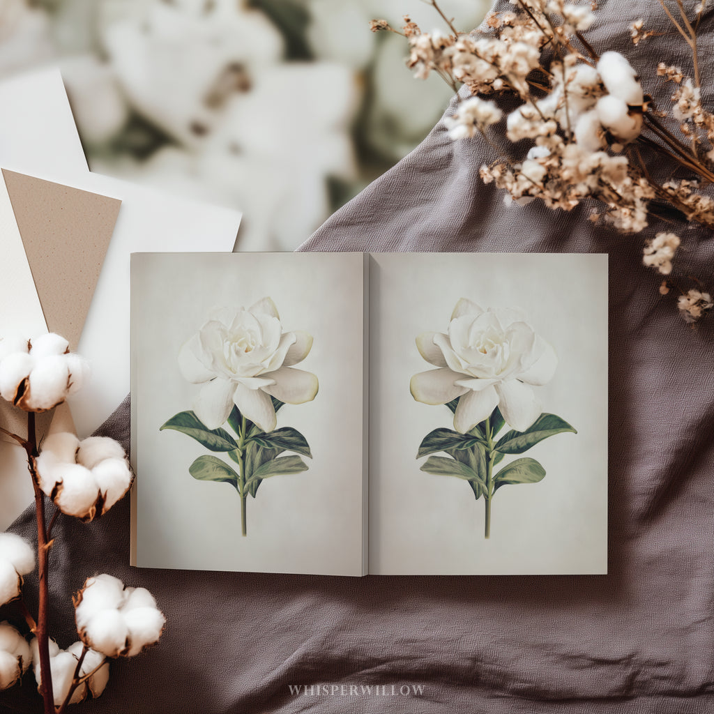 Carnet à couverture rigide White Gardenia - Décor floral élégant, carnet botanique minimaliste