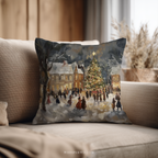 Abstract vintage Christmas Eve village and tree throw pillow by WhisperWillow Studios home decor gift