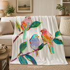 Colorful Songbird Plush Throw Blanket | Botanical Nature Decor | Cottagecore Bedding | Bird Lover Gift | Floral Home Accent by WhisperWillow Studios