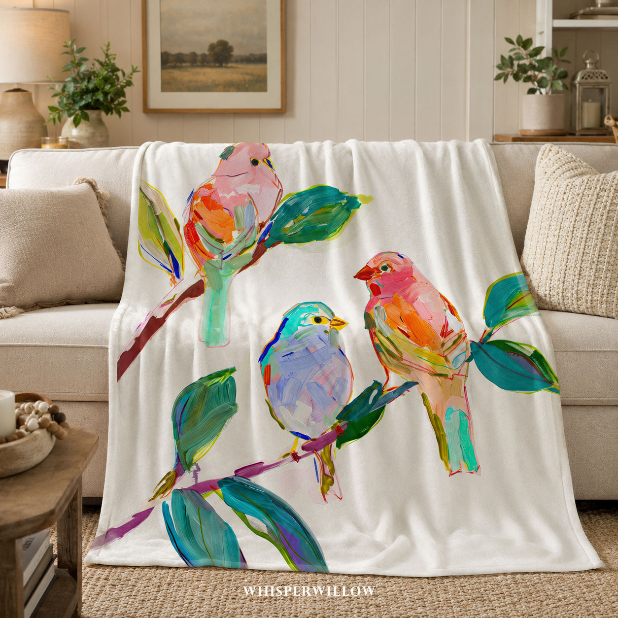 Colorful Songbird Plush Throw Blanket | Botanical Nature Decor | Cottagecore Bedding | Bird Lover Gift | Floral Home Accent by WhisperWillow Studios