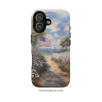 Coastal Aesthetic Phone Case | Compatible with iPhone MagSafe Charging | American Flag Beach Path Art | Patriotic Ocean Landscape Gift by WhisperWillow Studios