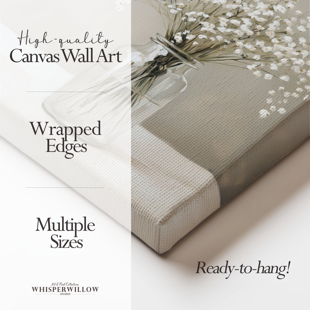 Leinwandbild mit Schleierkraut-Motiv | Neutraler Blumendruck | Beruhigende grau-weiße Dekoration