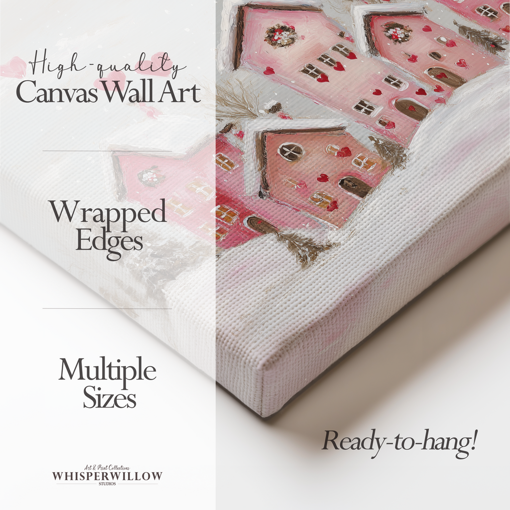 Verspieltes rosa Winterdorf auf Leinwand | Romantisches Herzmotiv mit verschneiten Häusern | Wandbild zum Valentinstag