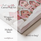 Verspieltes rosa Winterdorf auf Leinwand | Romantisches Herzmotiv mit verschneiten Häusern | Wandbild zum Valentinstag