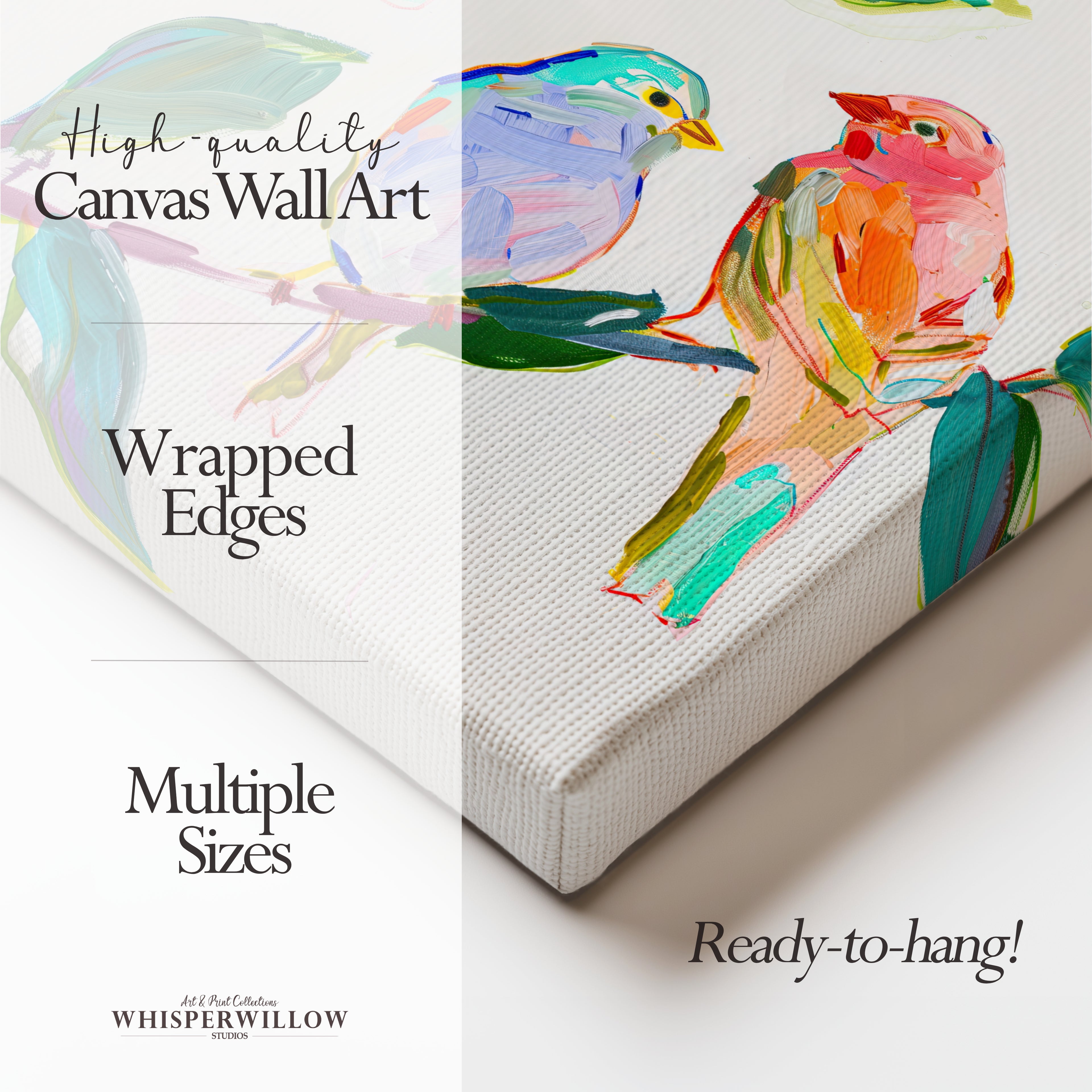 Wild Birds Canvas Wall Art | Colorful Songbirds on Tree Branch | Vibrant Nature Decor Gift