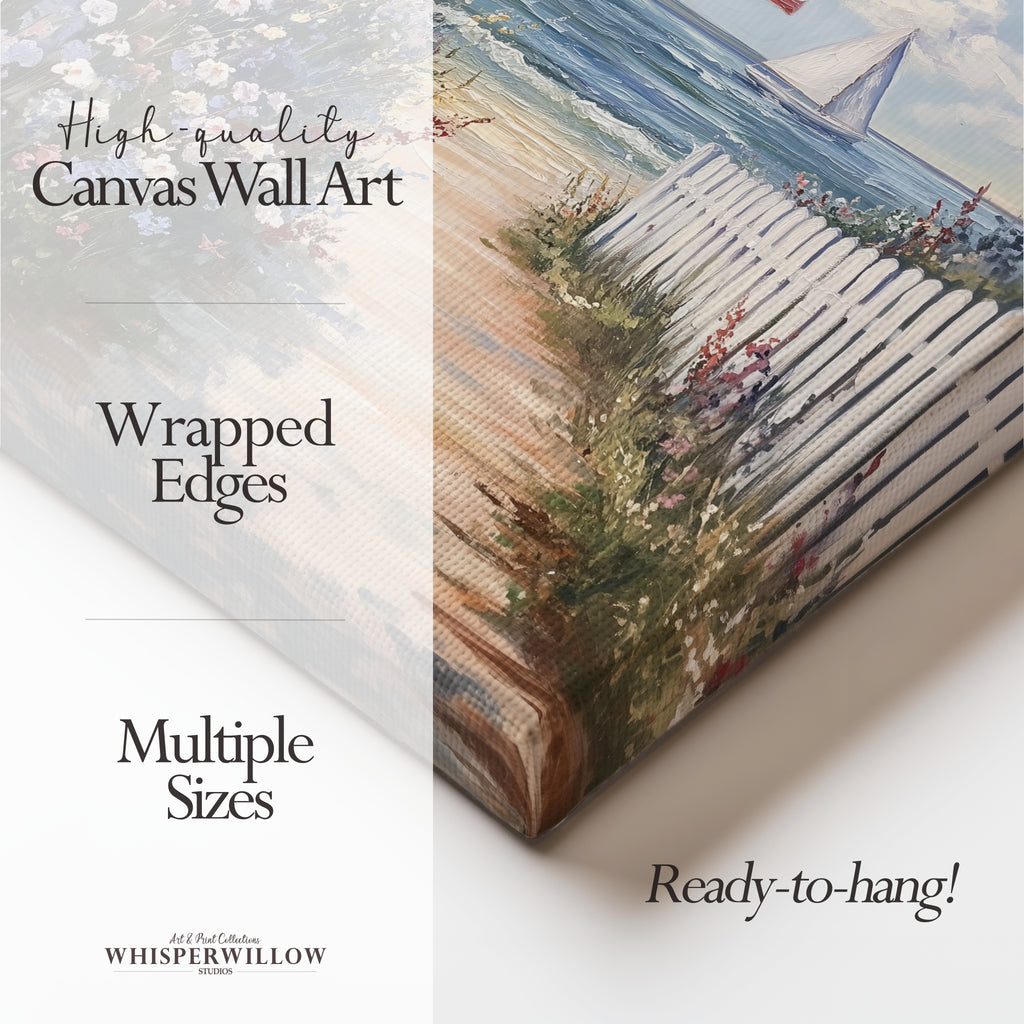 Leinwandbild mit amerikanischer Flagge und Küstenmotiv – Segelboot, patriotische Sommerblume, weißer Lattenzaun, rustikales Strandmotiv zum 4. Juli