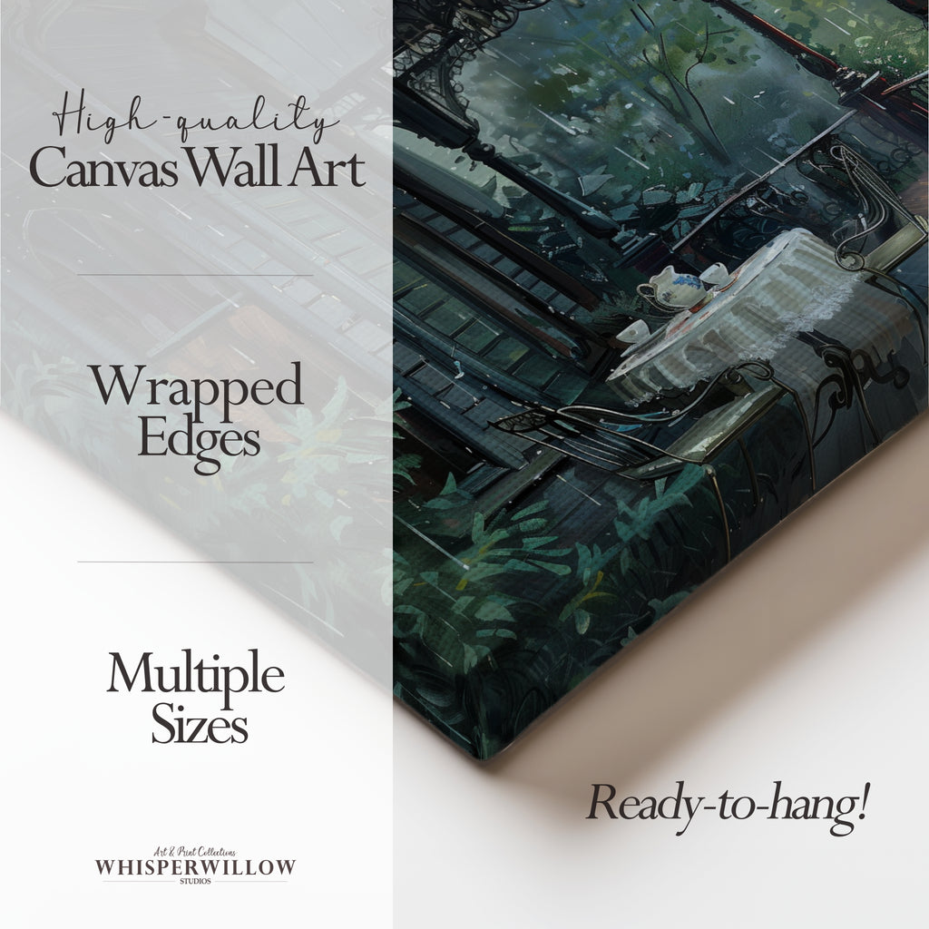 Tableau sur toile représentant une véranda victorienne - Scène de thé matinal sous la pluie - Jardin vintage