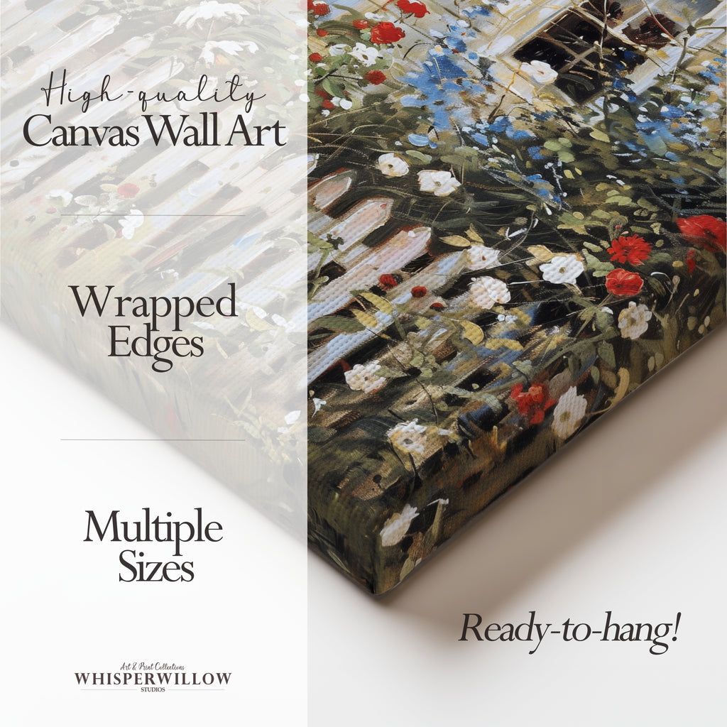 Country Home American Flowers Canvas Wall Art | Vintage Cottage Garden Picket Fence | Rustic Independence Day Decor