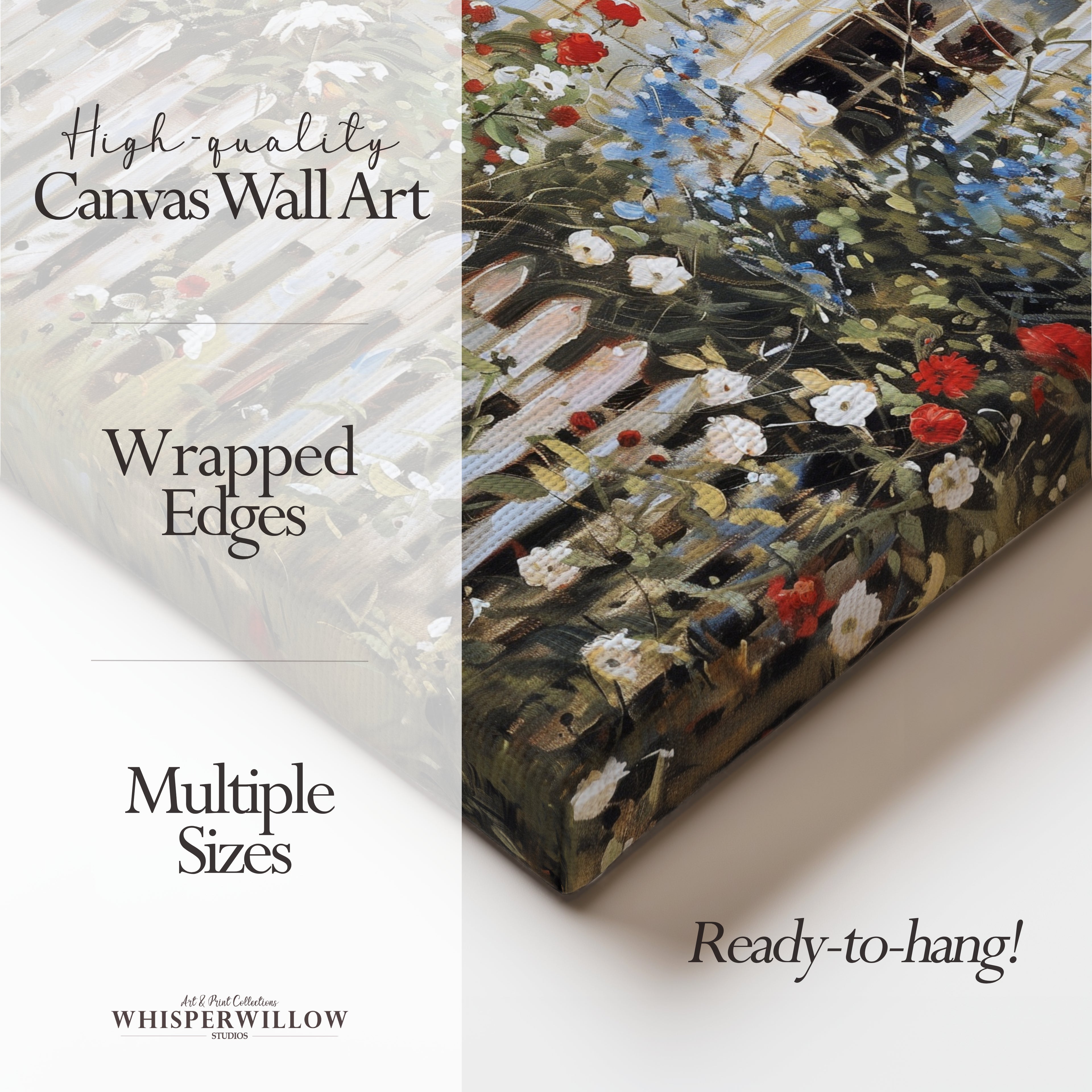 Country Home American Flowers Canvas Wall Art | Vintage Cottage Garden Picket Fence | Rustic Independence Day Decor