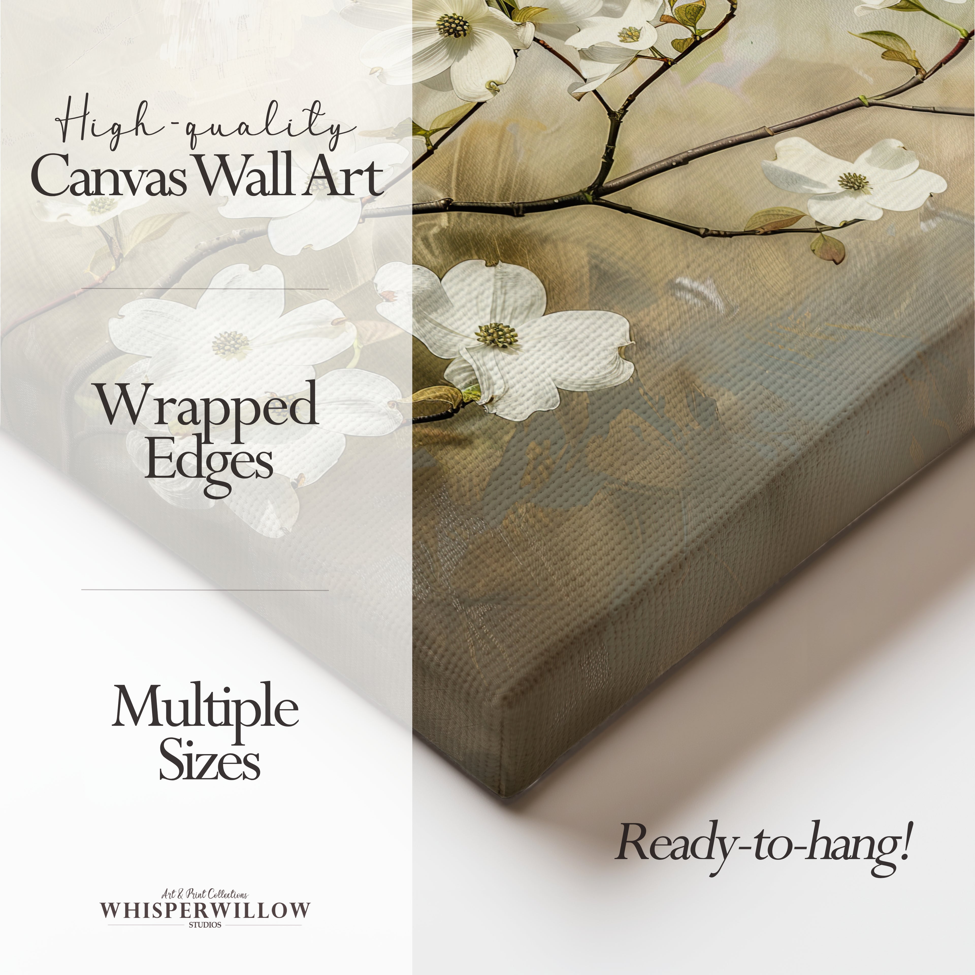 Wandbild mit Hartriegelblüten | Weißes Frühlingsblumendesign | Botanische Vintage-Dekoration im Landhausstil