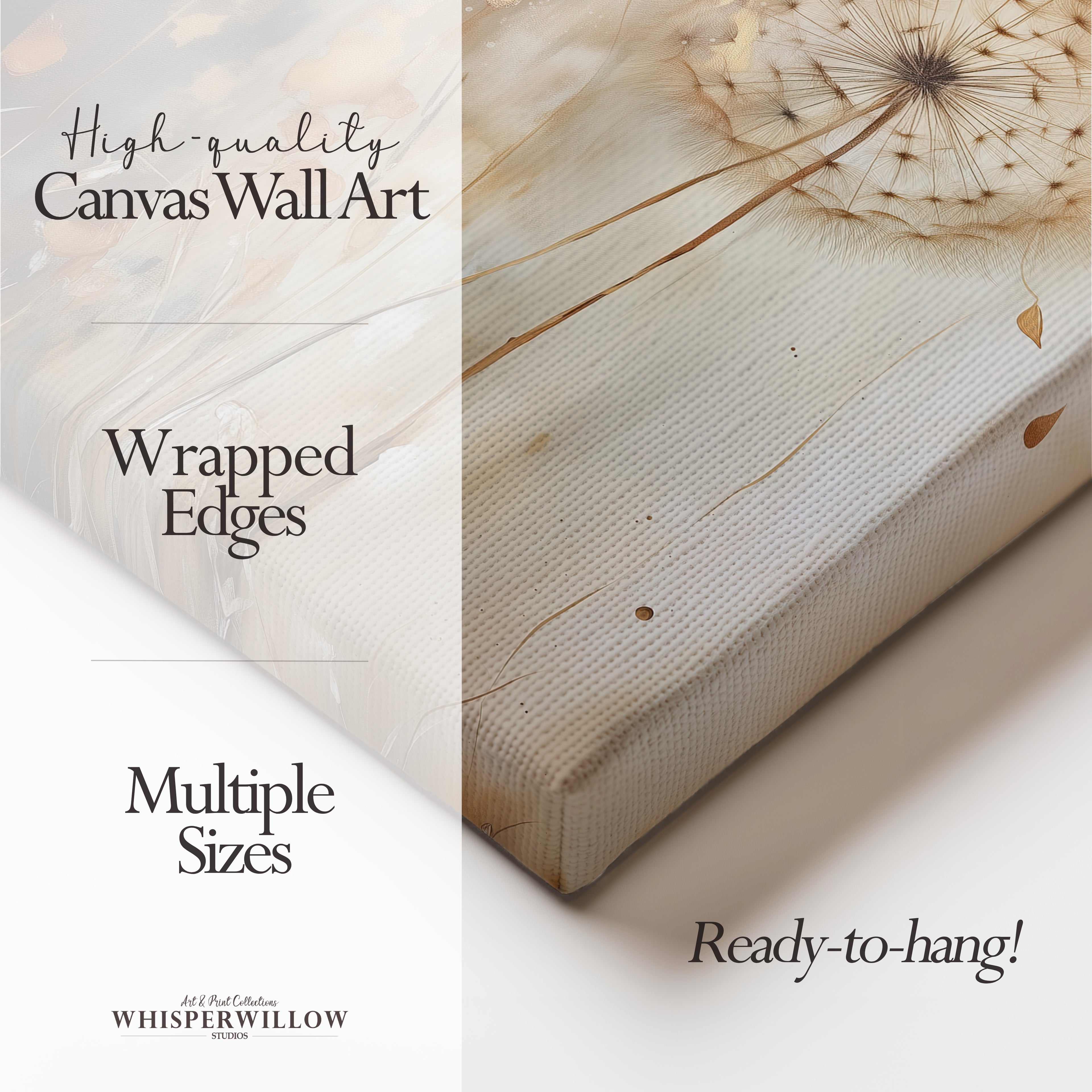 Wandbild „Stimmungsvolle Löwenzahnblüte“ auf Leinwand | Neutrales botanisches Design | Minimalistische Naturdekoration