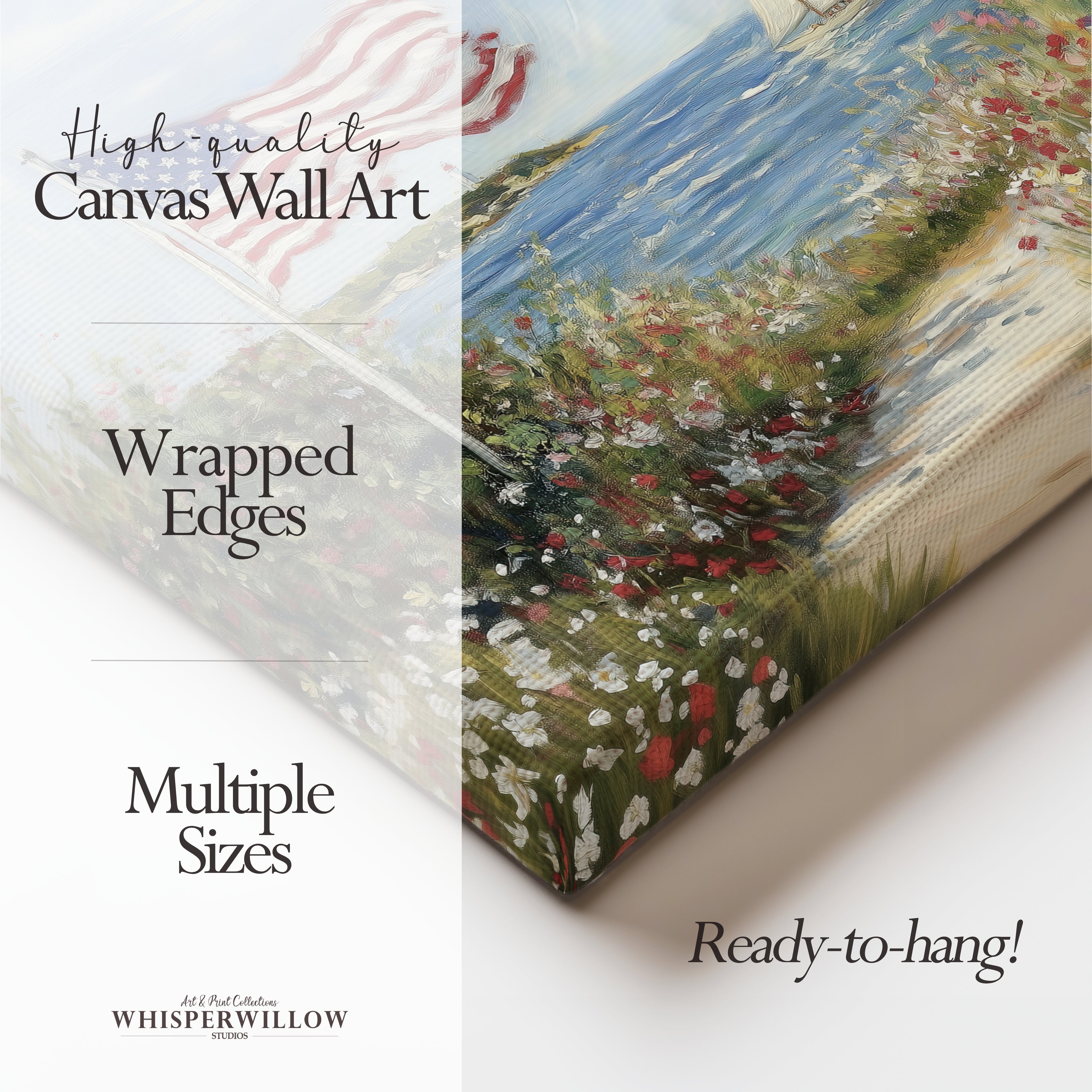 Patriotisches Wandbild im Küstenstil | Segelboot mit amerikanischer Flagge und Leuchtturm | Sommerdeko zum 4. Juli