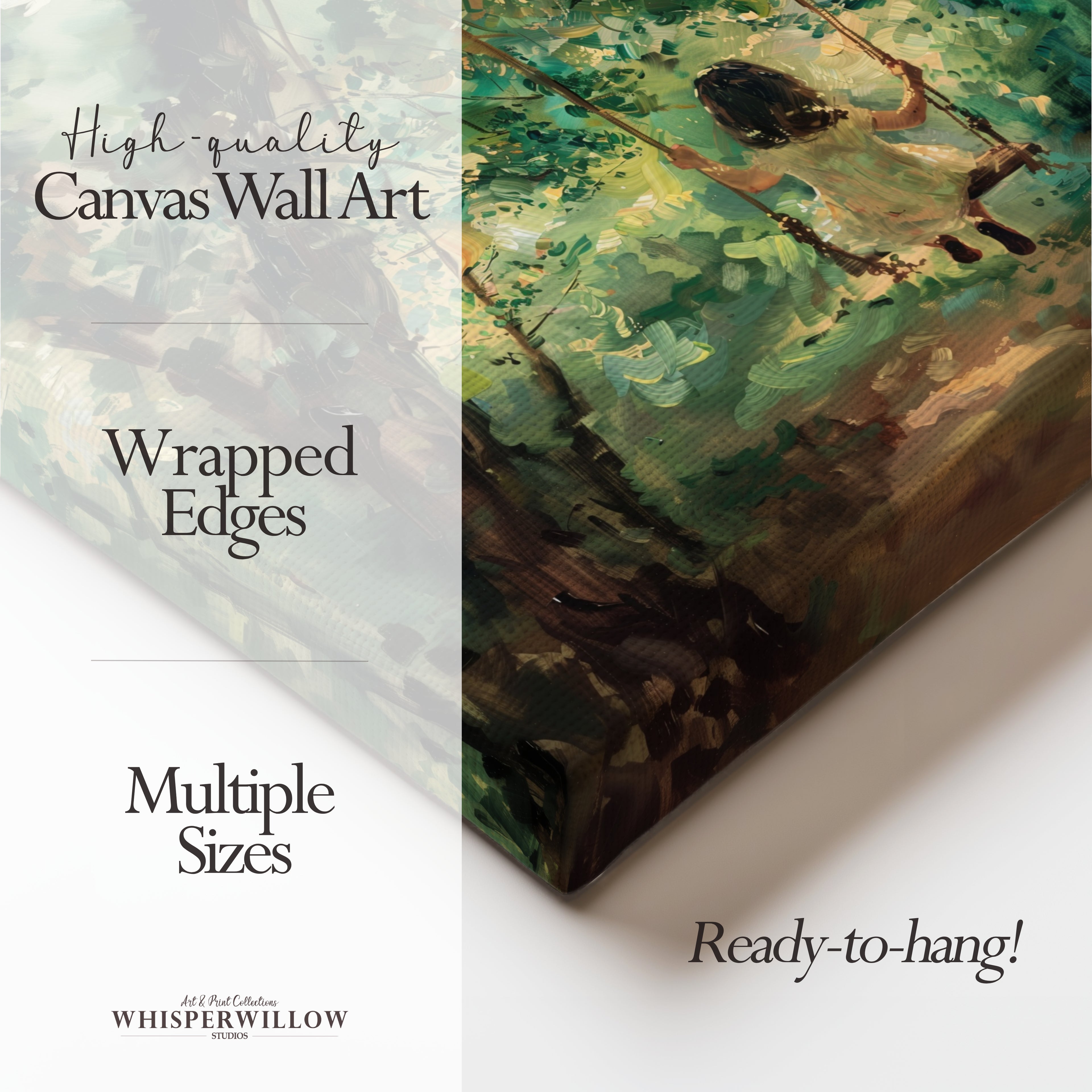 Vintage-Leinwandbild mit Kinderbaumschaukel | Verspielte Waldlandschaft | Nostalgische Kinderzimmerdekoration